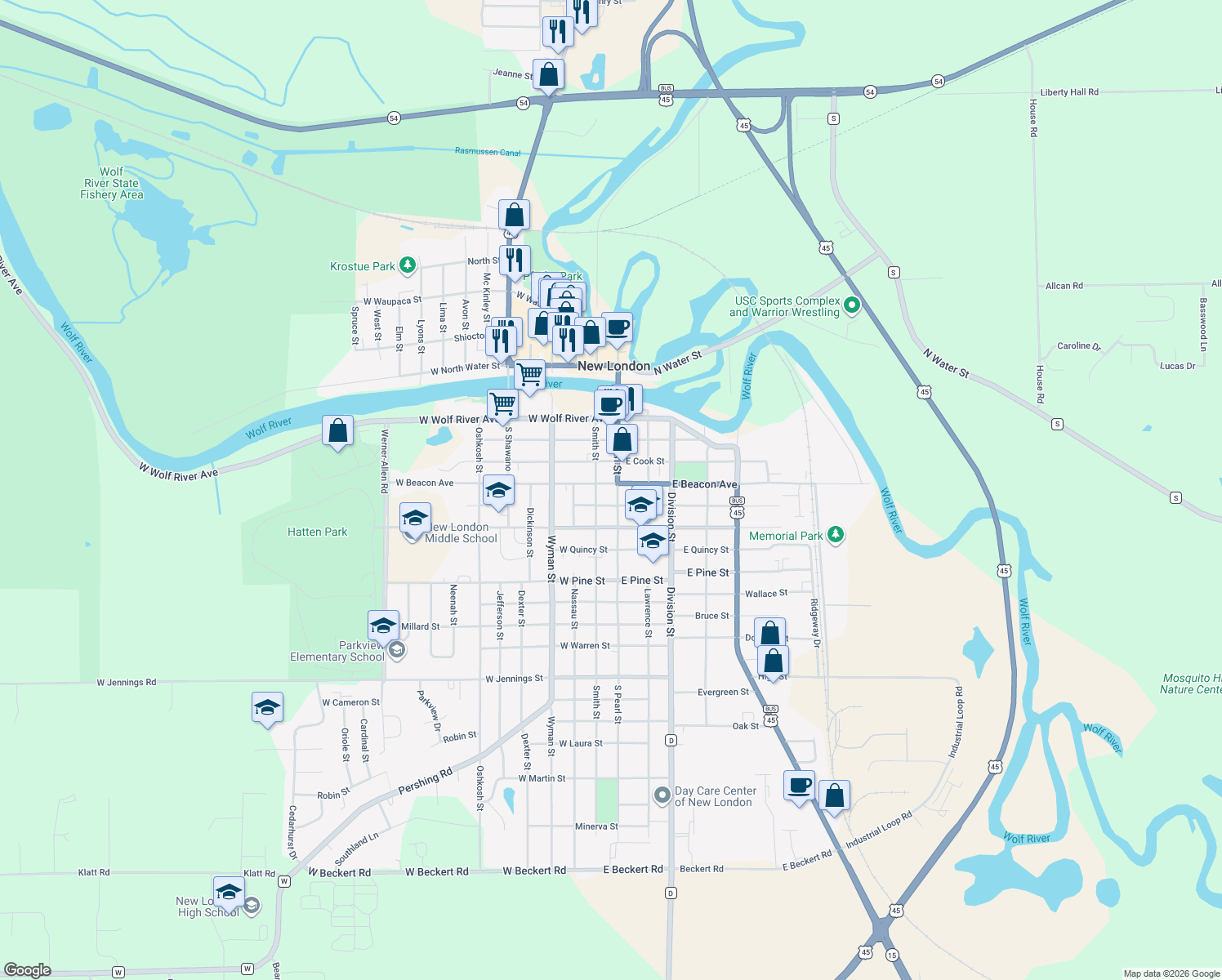 map of restaurants, bars, coffee shops, grocery stores, and more near 100 W Beacon Ave in New London