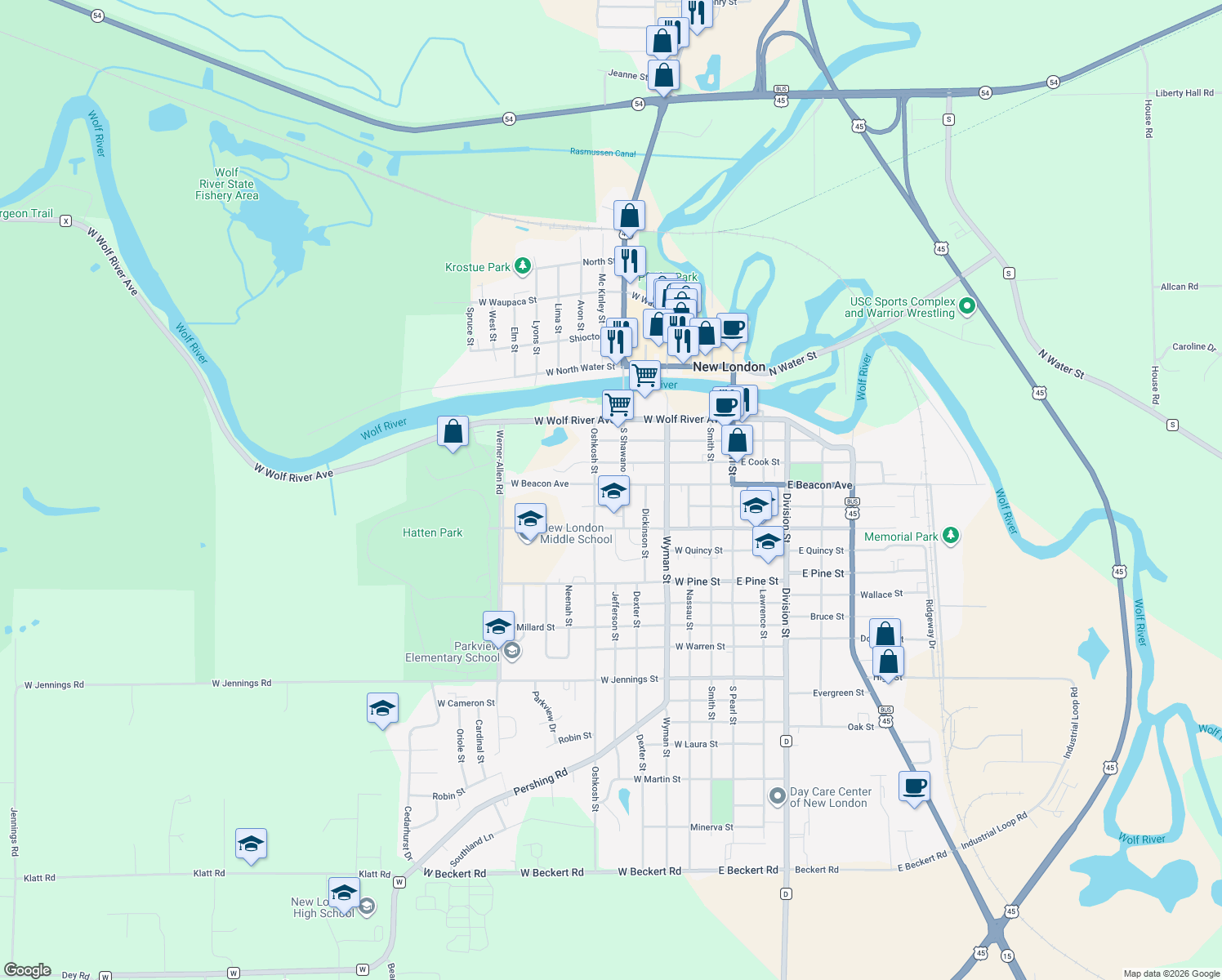 map of restaurants, bars, coffee shops, grocery stores, and more near 610 West Beacon Avenue in New London