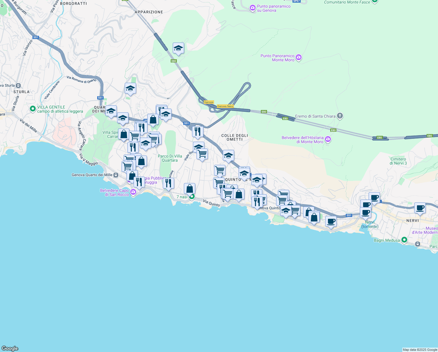 map of restaurants, bars, coffee shops, grocery stores, and more near 22 Via Giuseppe Majorana in Genova