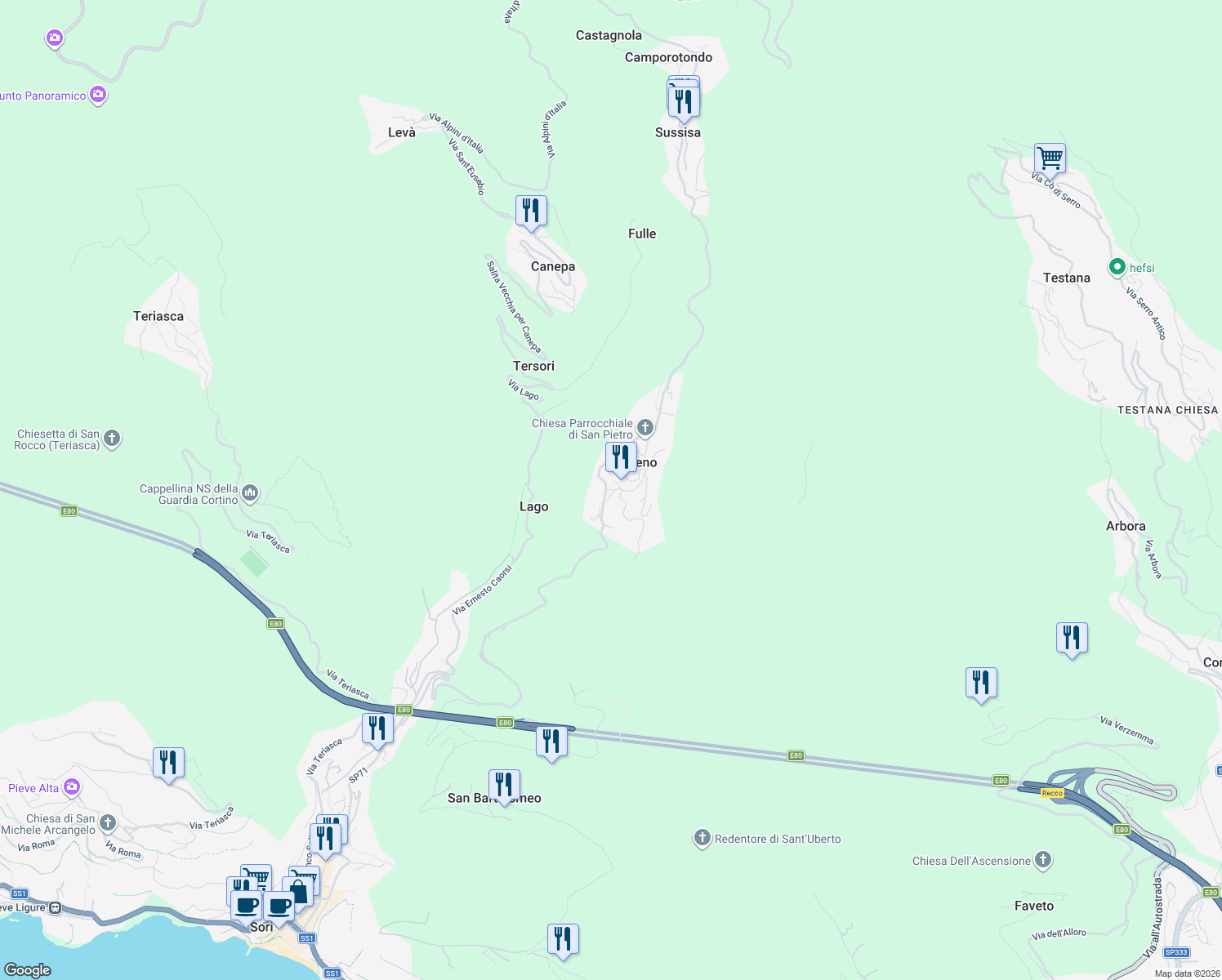 map of restaurants, bars, coffee shops, grocery stores, and more near 10 Via Bergamini in Capreno