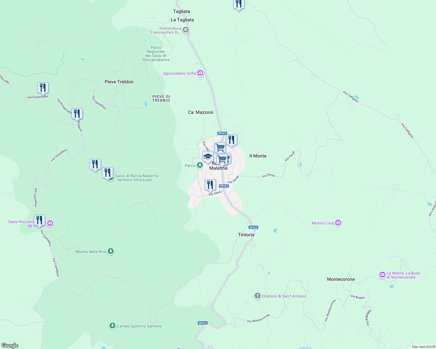 map of restaurants, bars, coffee shops, grocery stores, and more near 99 Via Ronzone in Rocca Malatina