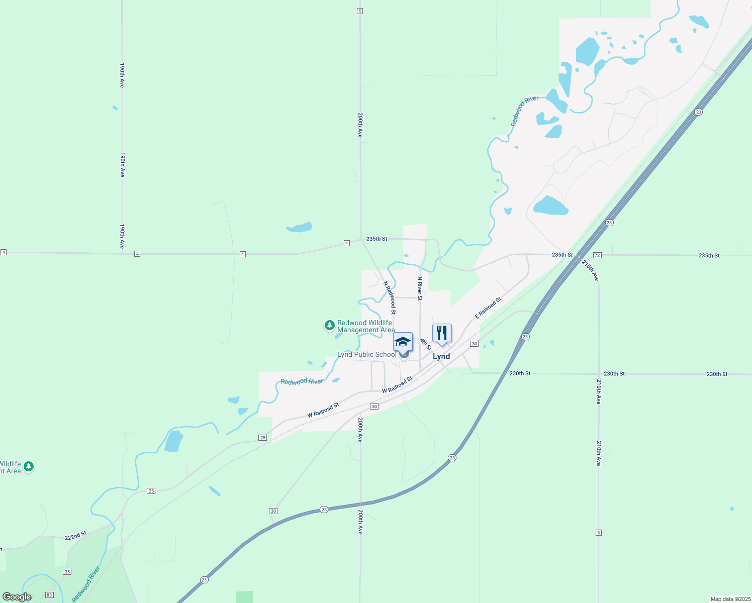 map of restaurants, bars, coffee shops, grocery stores, and more near 120 North Redwood Street in Lynd