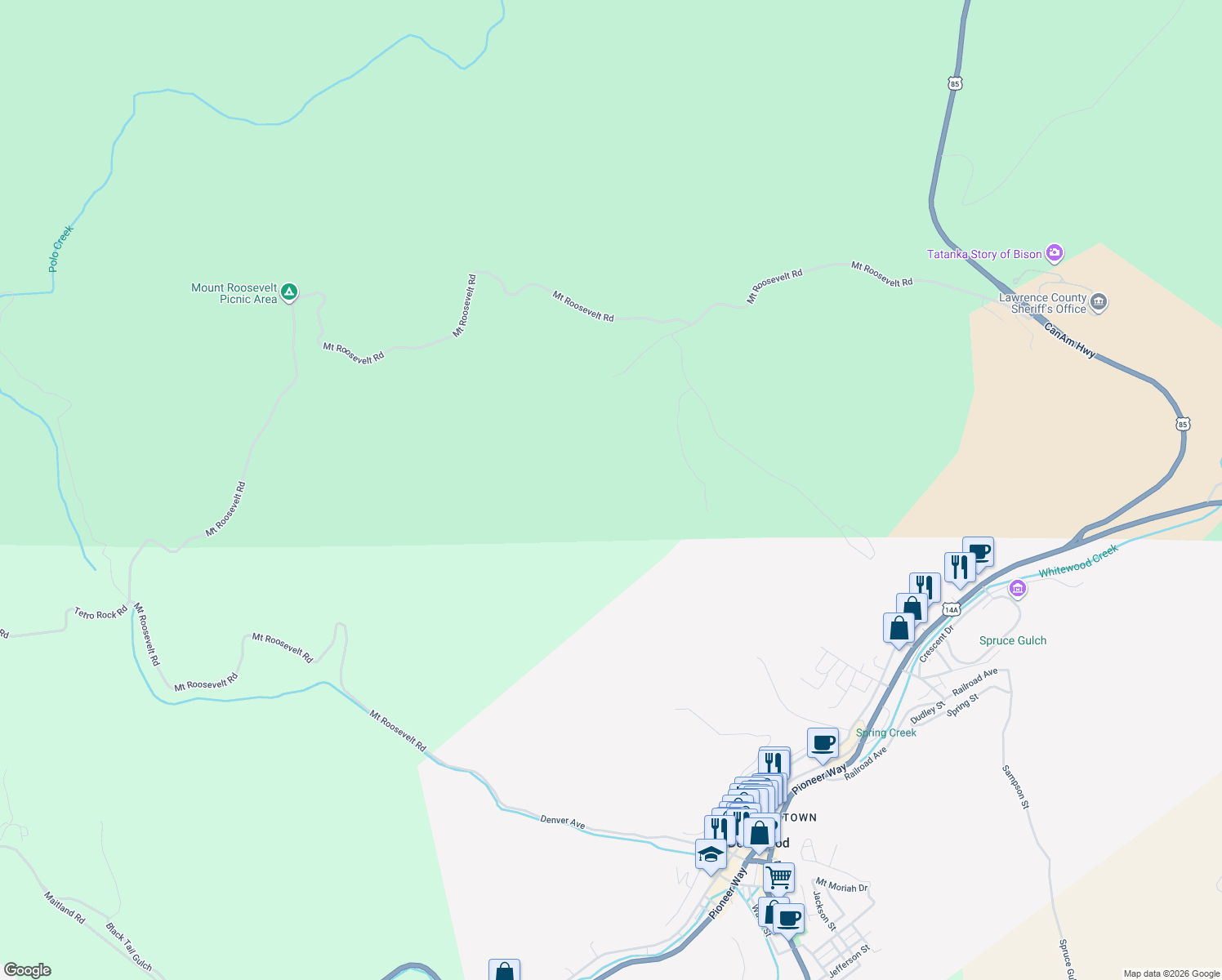 map of restaurants, bars, coffee shops, grocery stores, and more near in Deadwood