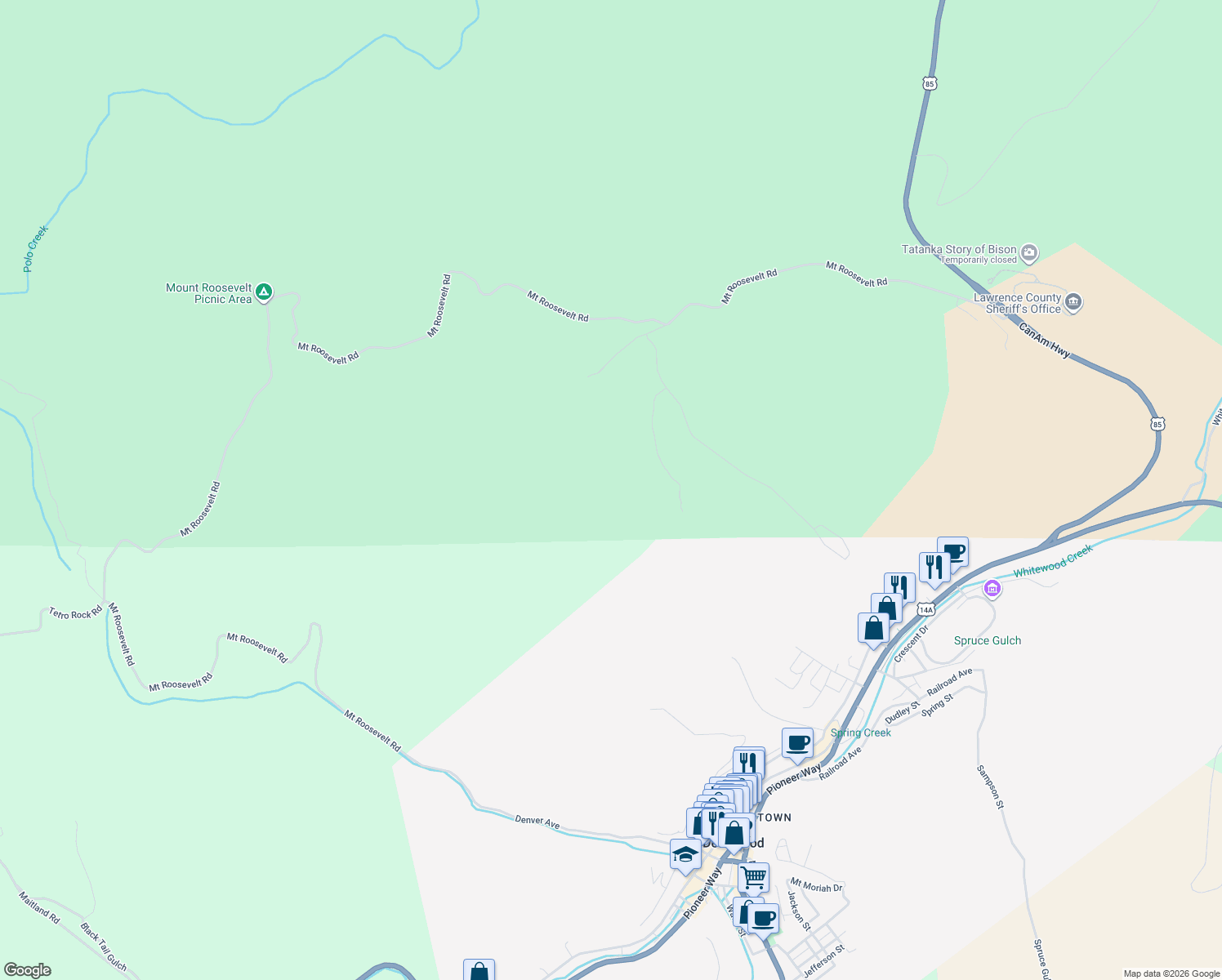 map of restaurants, bars, coffee shops, grocery stores, and more near in Deadwood