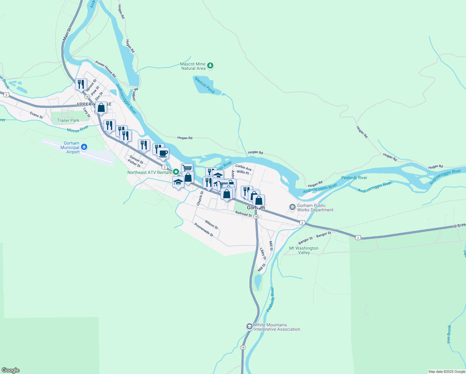 map of restaurants, bars, coffee shops, grocery stores, and more near 16 Androscoggin Street in Gorham