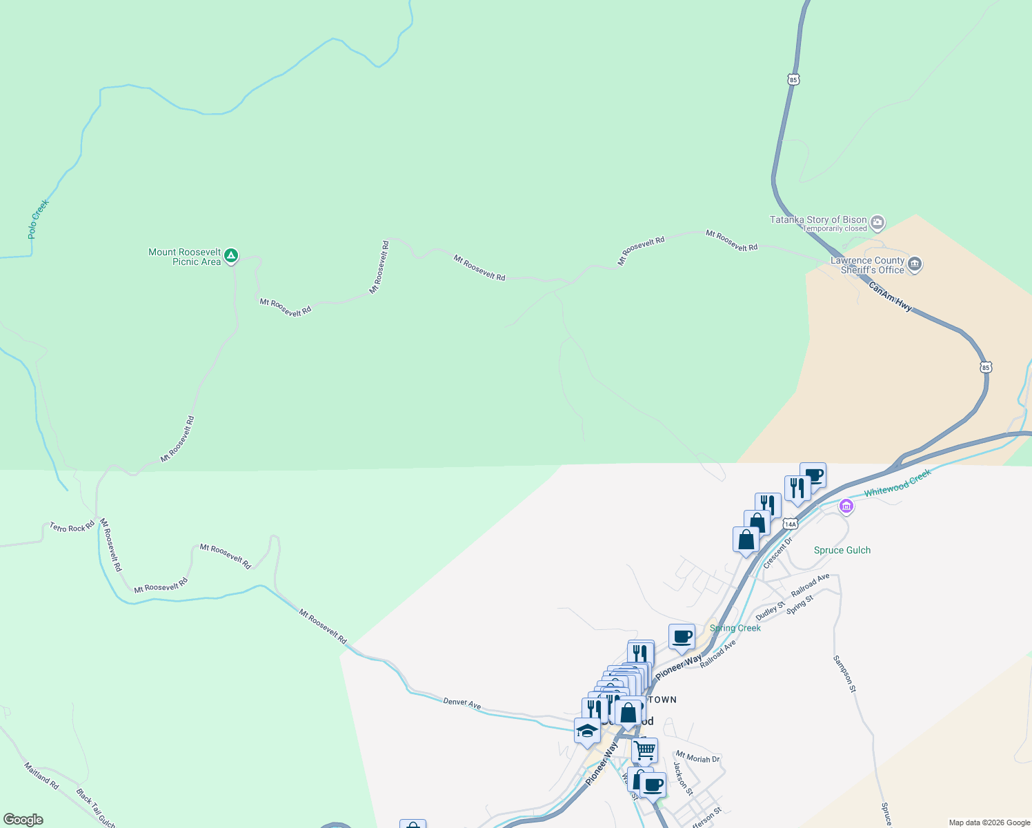 map of restaurants, bars, coffee shops, grocery stores, and more near in Deadwood