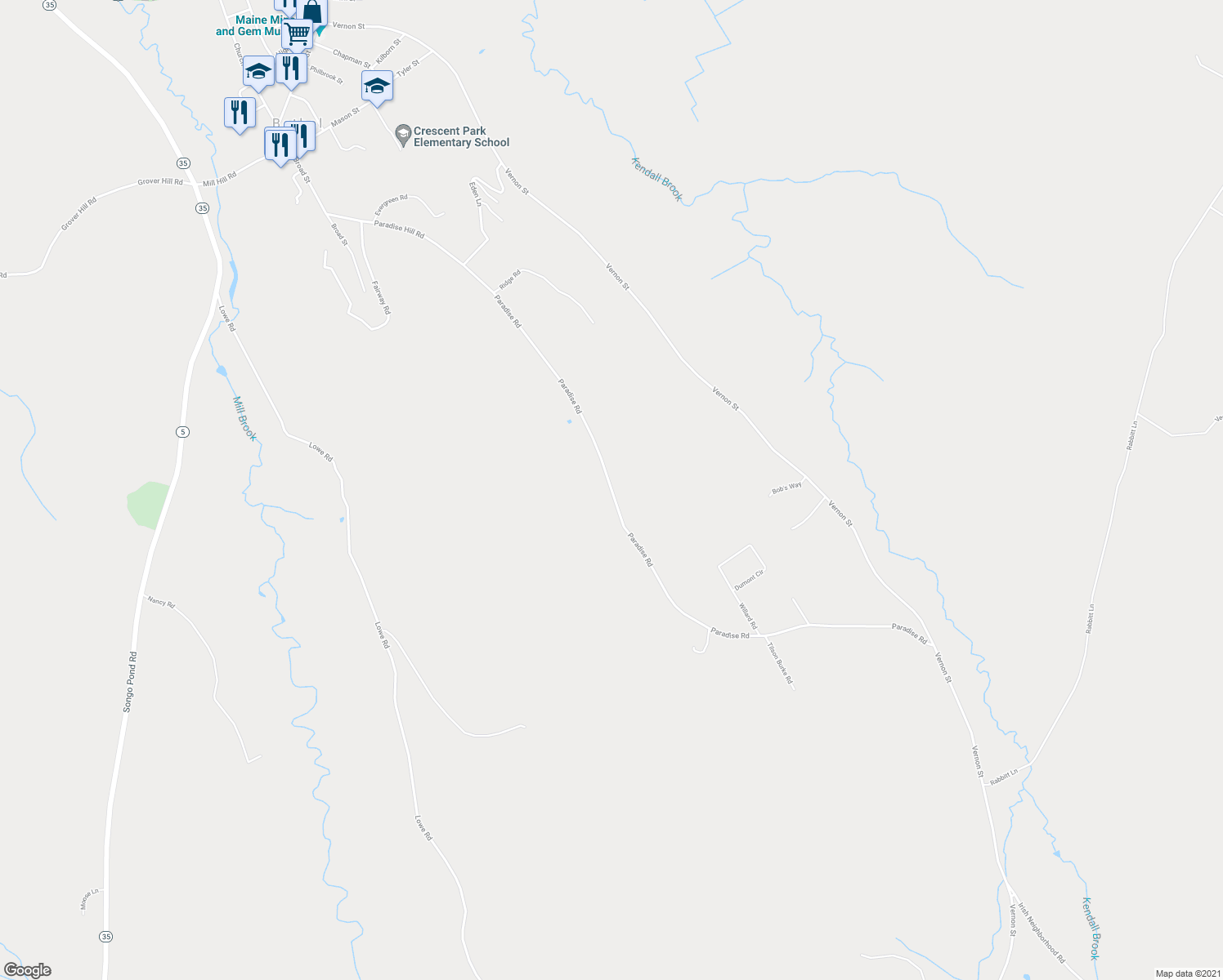 map of restaurants, bars, coffee shops, grocery stores, and more near 100 Paradise Road in Bethel