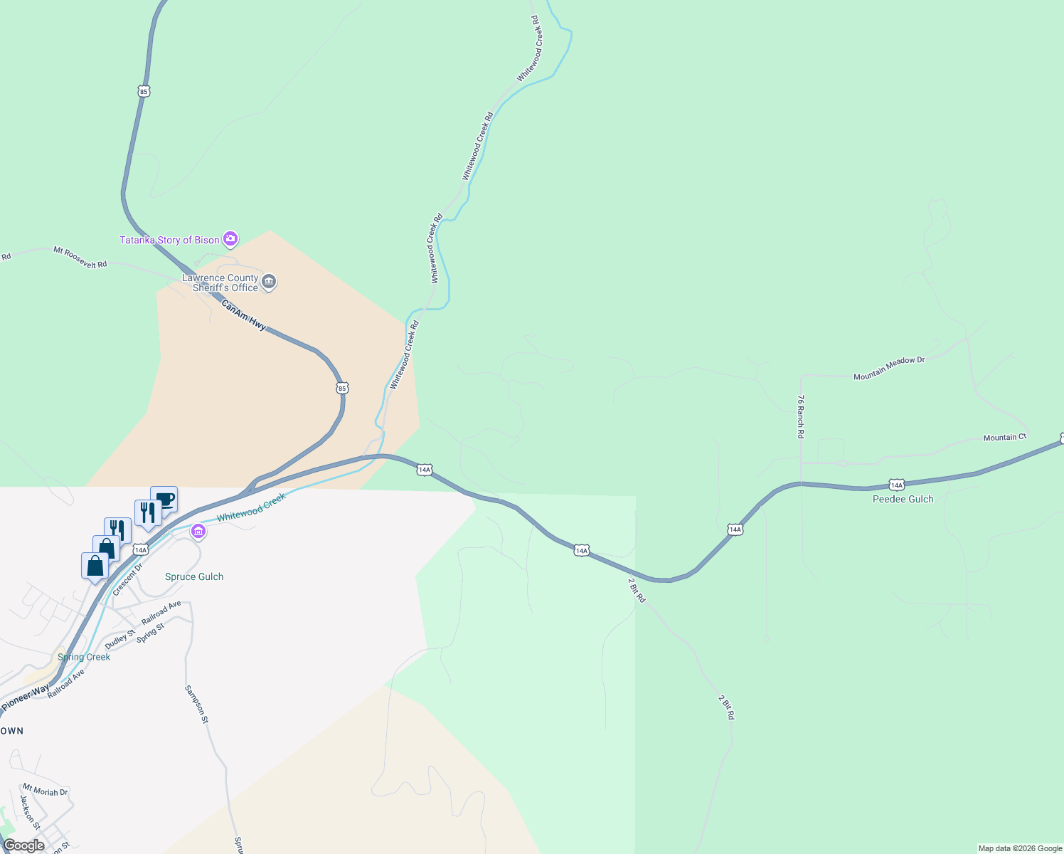 map of restaurants, bars, coffee shops, grocery stores, and more near Shirt Tail Gulch Road in Sturgis