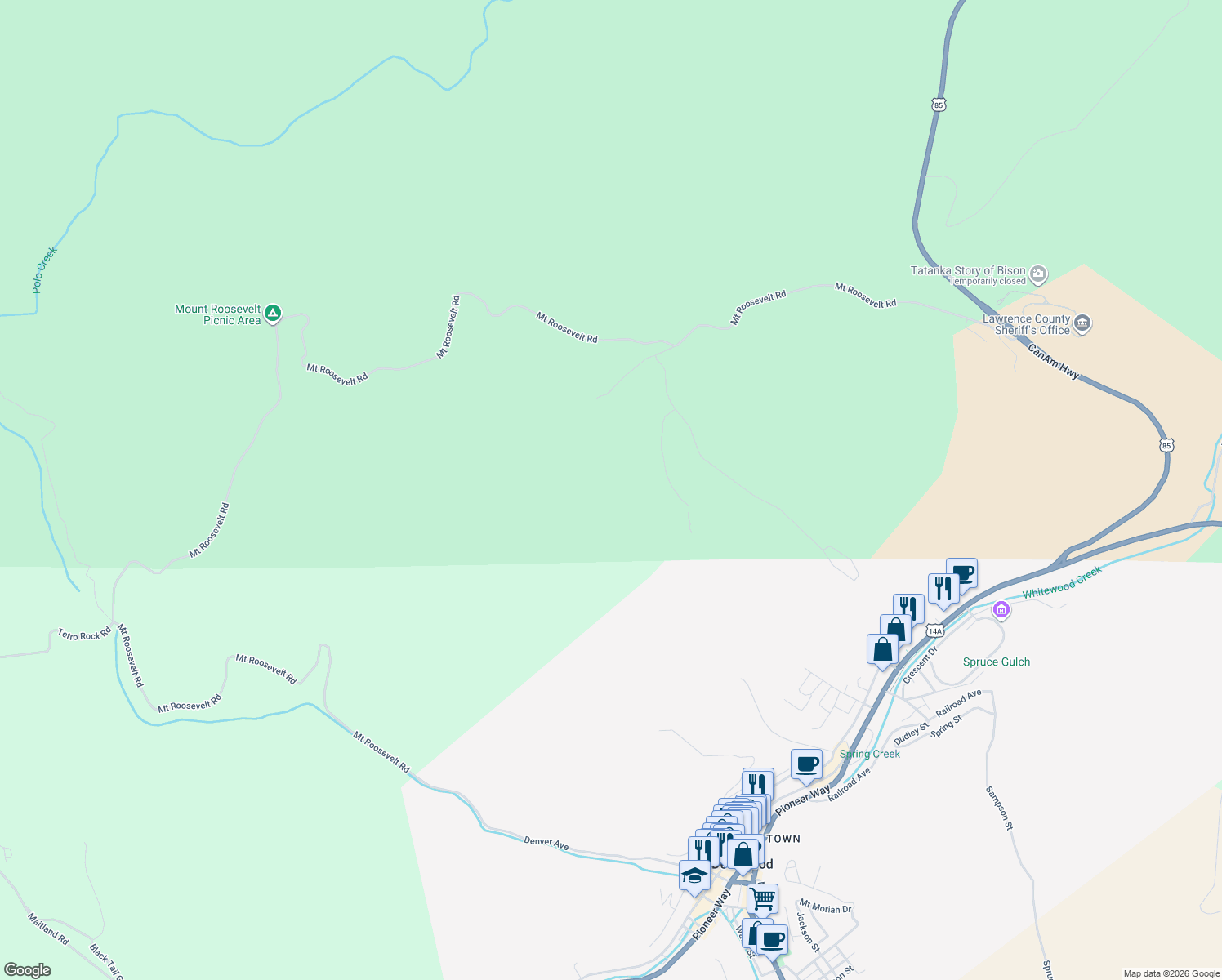 map of restaurants, bars, coffee shops, grocery stores, and more near in Deadwood