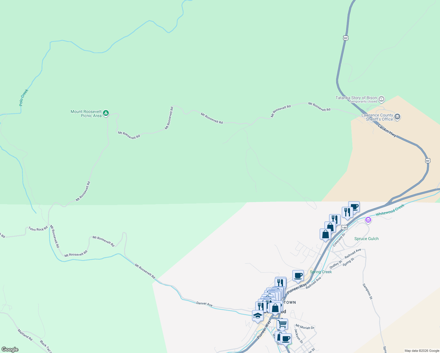 map of restaurants, bars, coffee shops, grocery stores, and more near in Deadwood