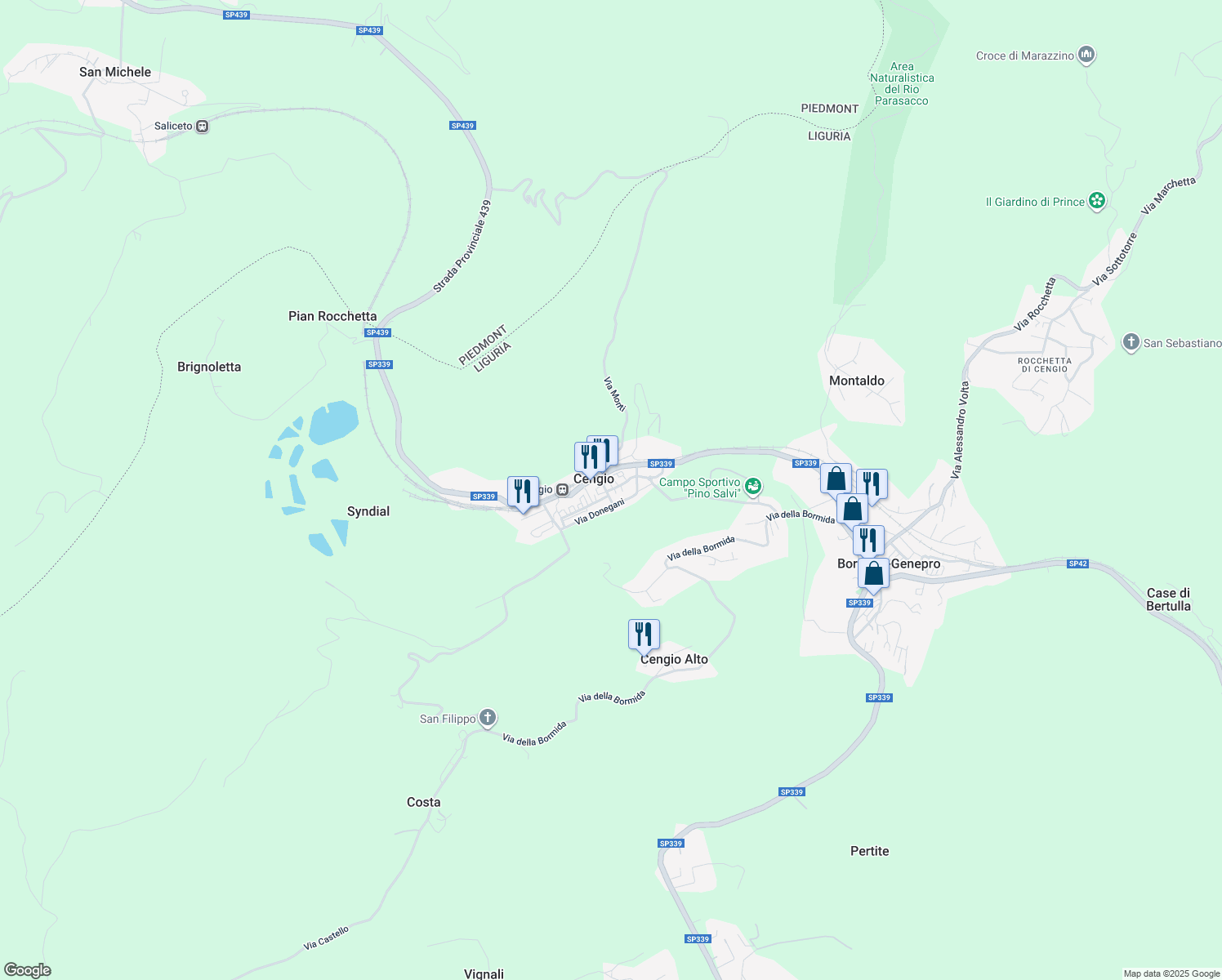 map of restaurants, bars, coffee shops, grocery stores, and more near 19 Via Giuseppe Verdi in Bormida-Genepro
