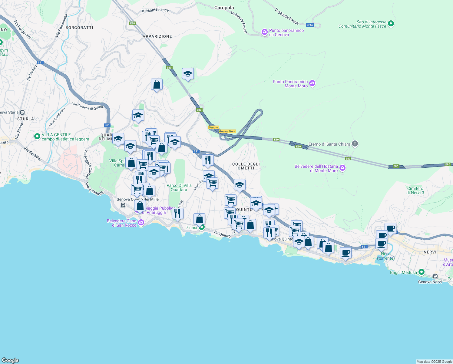 map of restaurants, bars, coffee shops, grocery stores, and more near 22 Via Antica Romana di Quinto in Genova