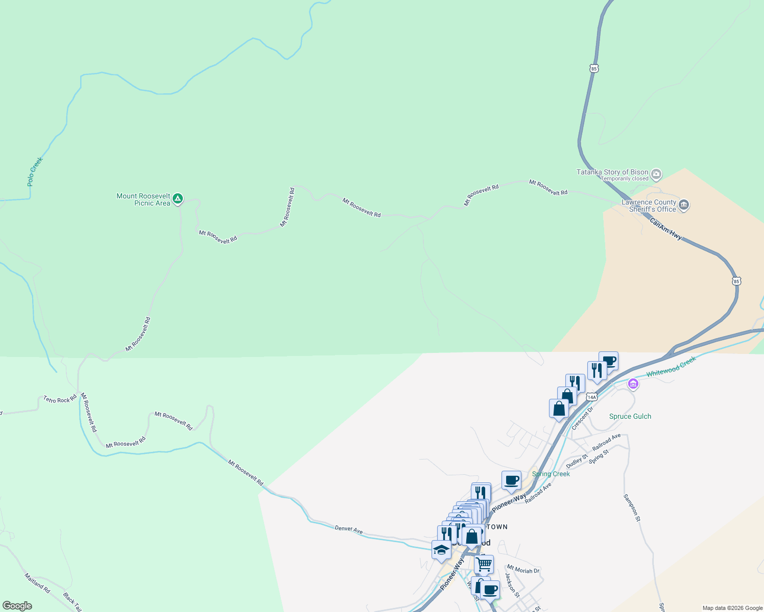 map of restaurants, bars, coffee shops, grocery stores, and more near in Deadwood