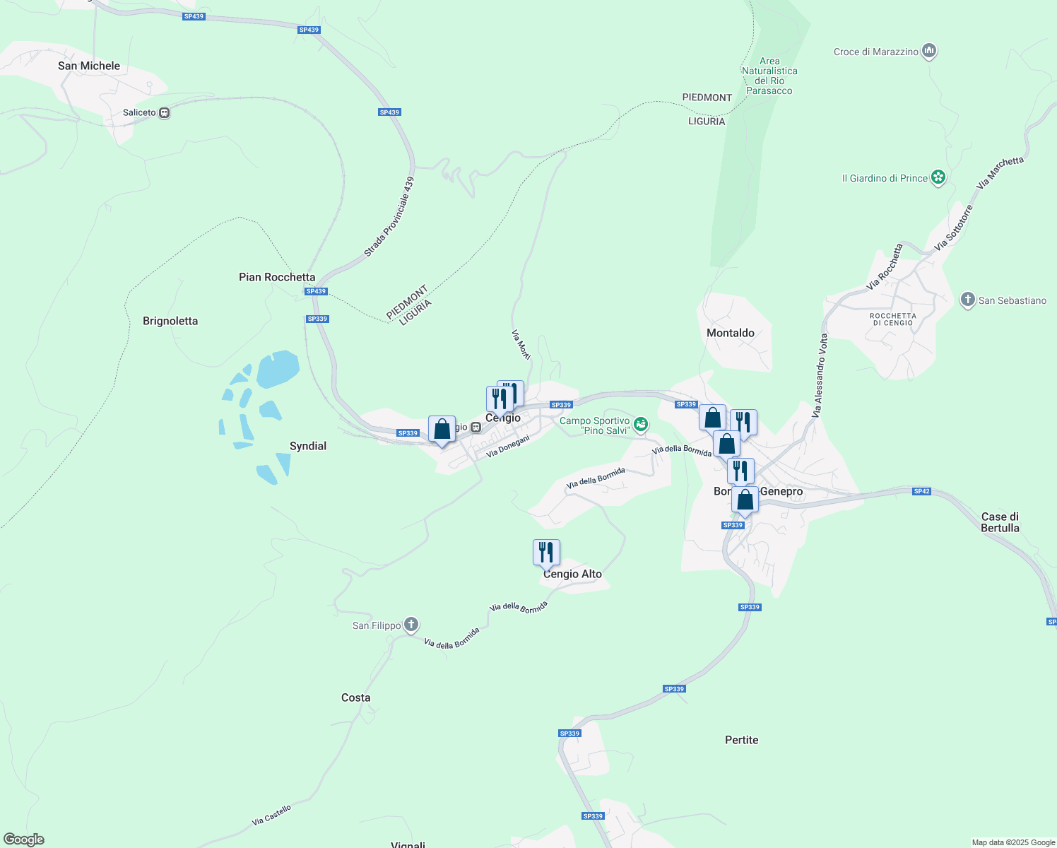 map of restaurants, bars, coffee shops, grocery stores, and more near 19 Via Giuseppe Verdi in Bormida-Genepro