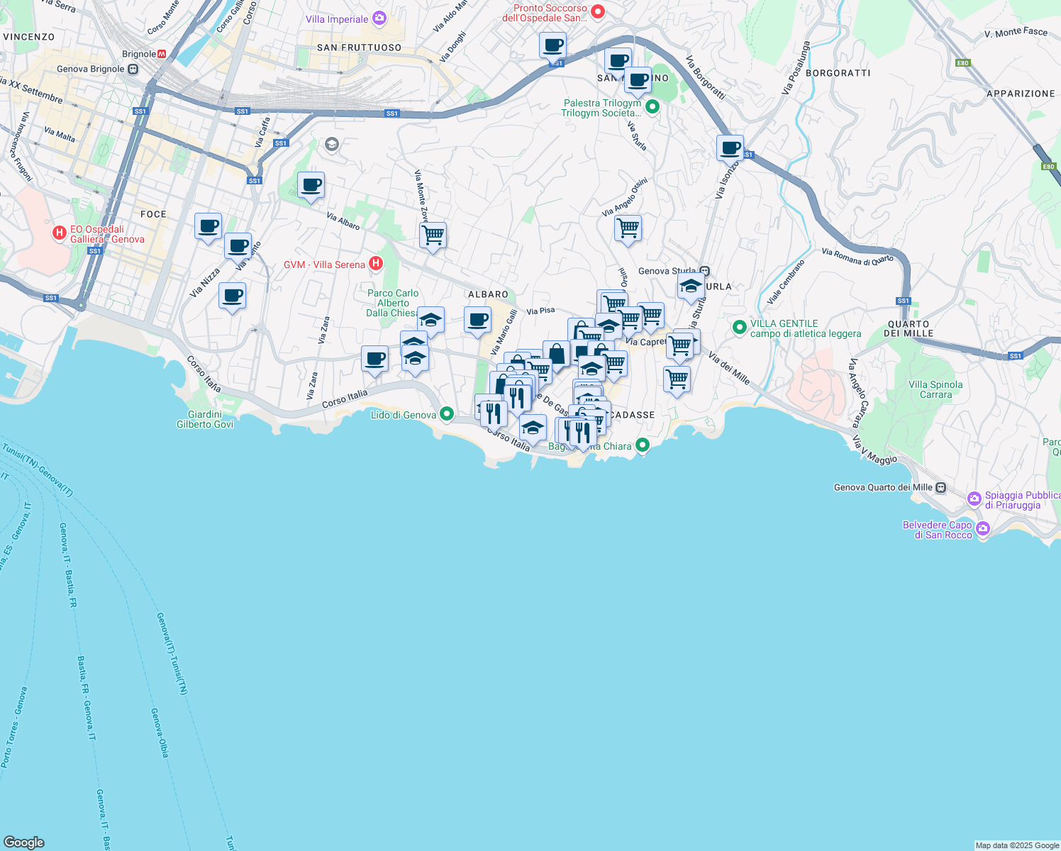 map of restaurants, bars, coffee shops, grocery stores, and more near 20A Via alla Torre dell'Amore in Genova