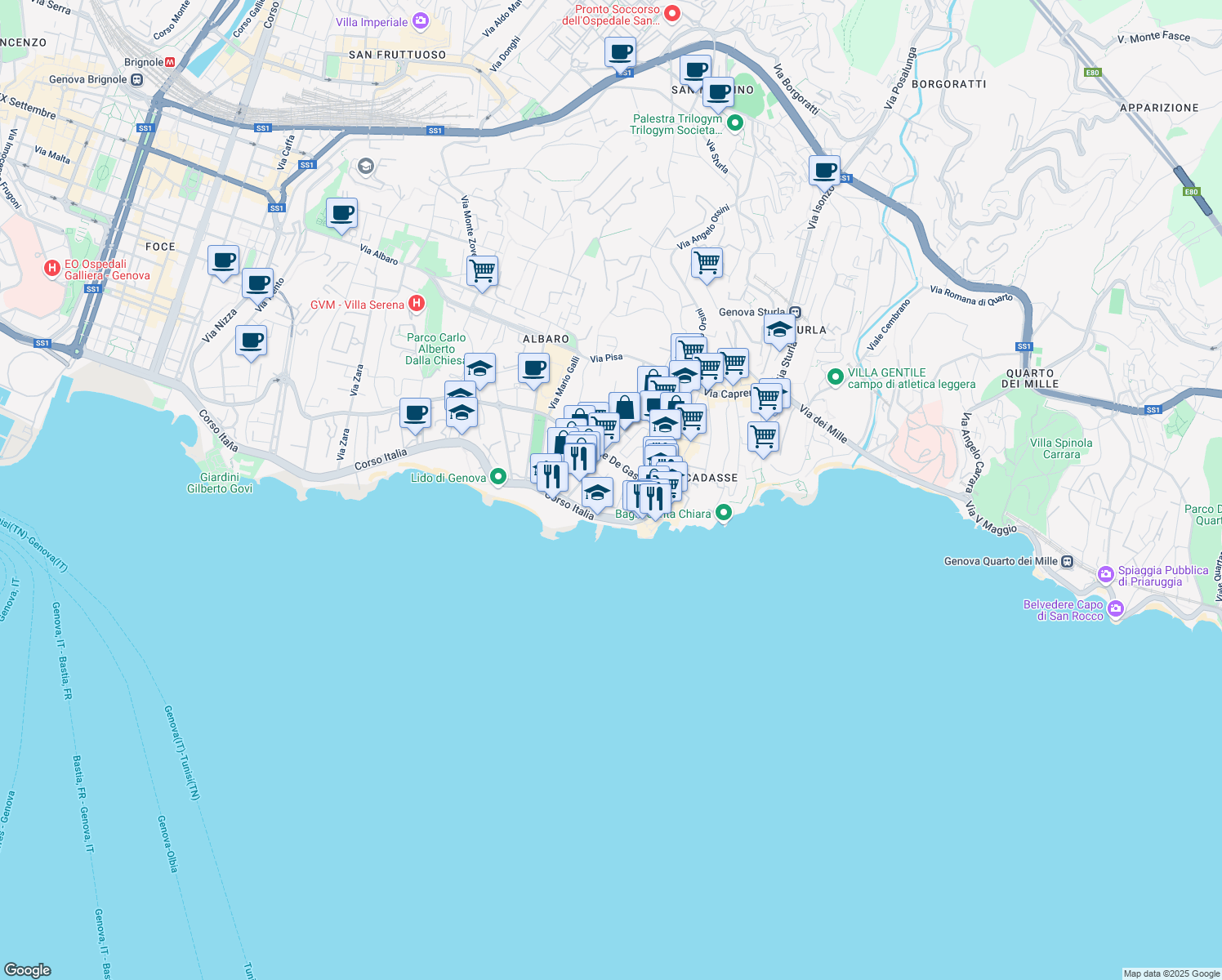 map of restaurants, bars, coffee shops, grocery stores, and more near 20A Via alla Torre dell'Amore in Genova