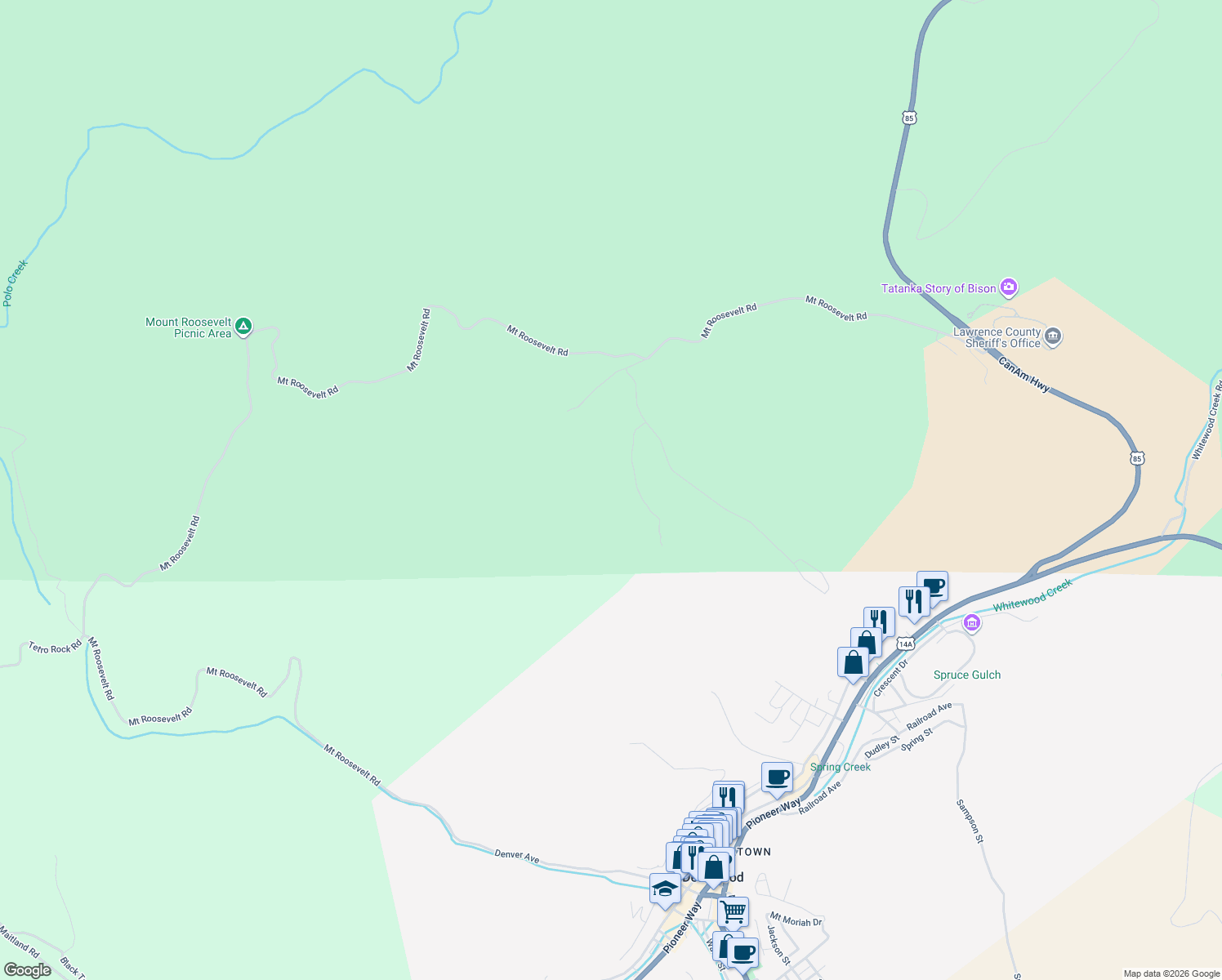 map of restaurants, bars, coffee shops, grocery stores, and more near 123 Mystery Wagon Road in Deadwood