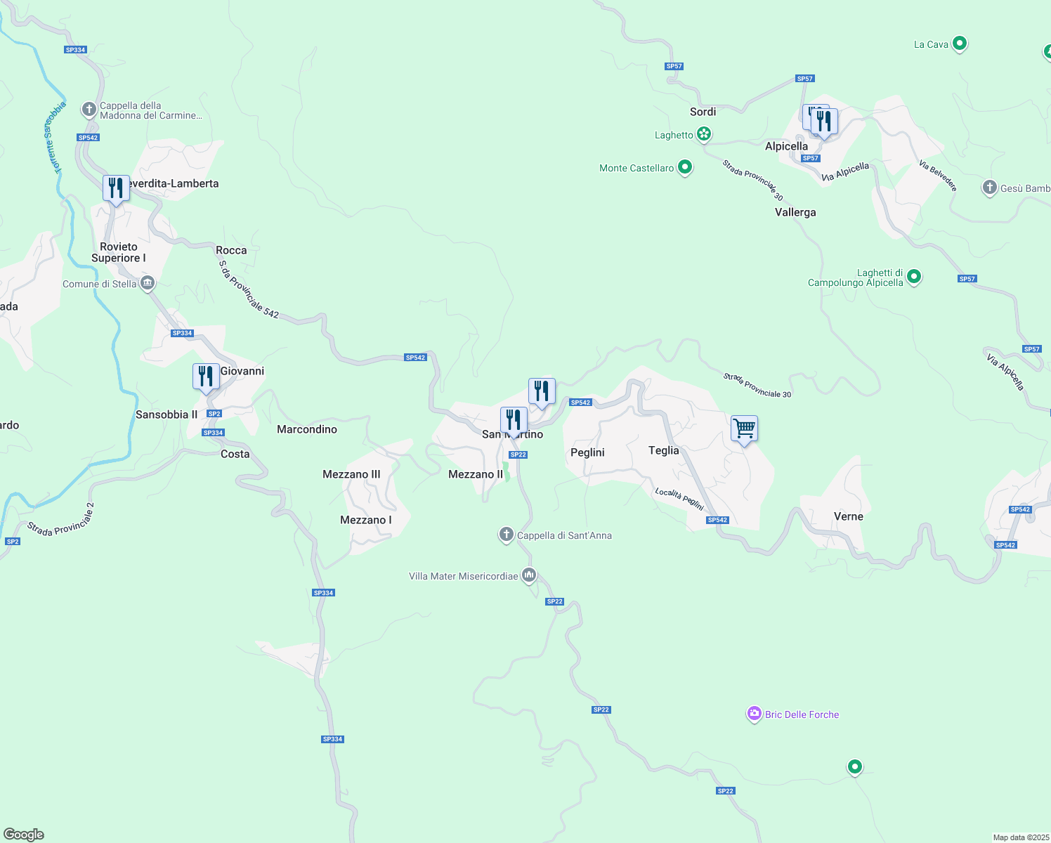 map of restaurants, bars, coffee shops, grocery stores, and more near 85 SP30 in San Martino