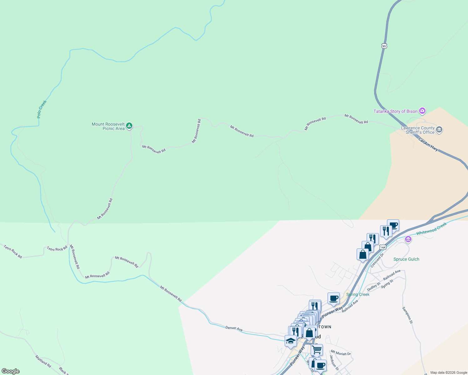 map of restaurants, bars, coffee shops, grocery stores, and more near in Deadwood