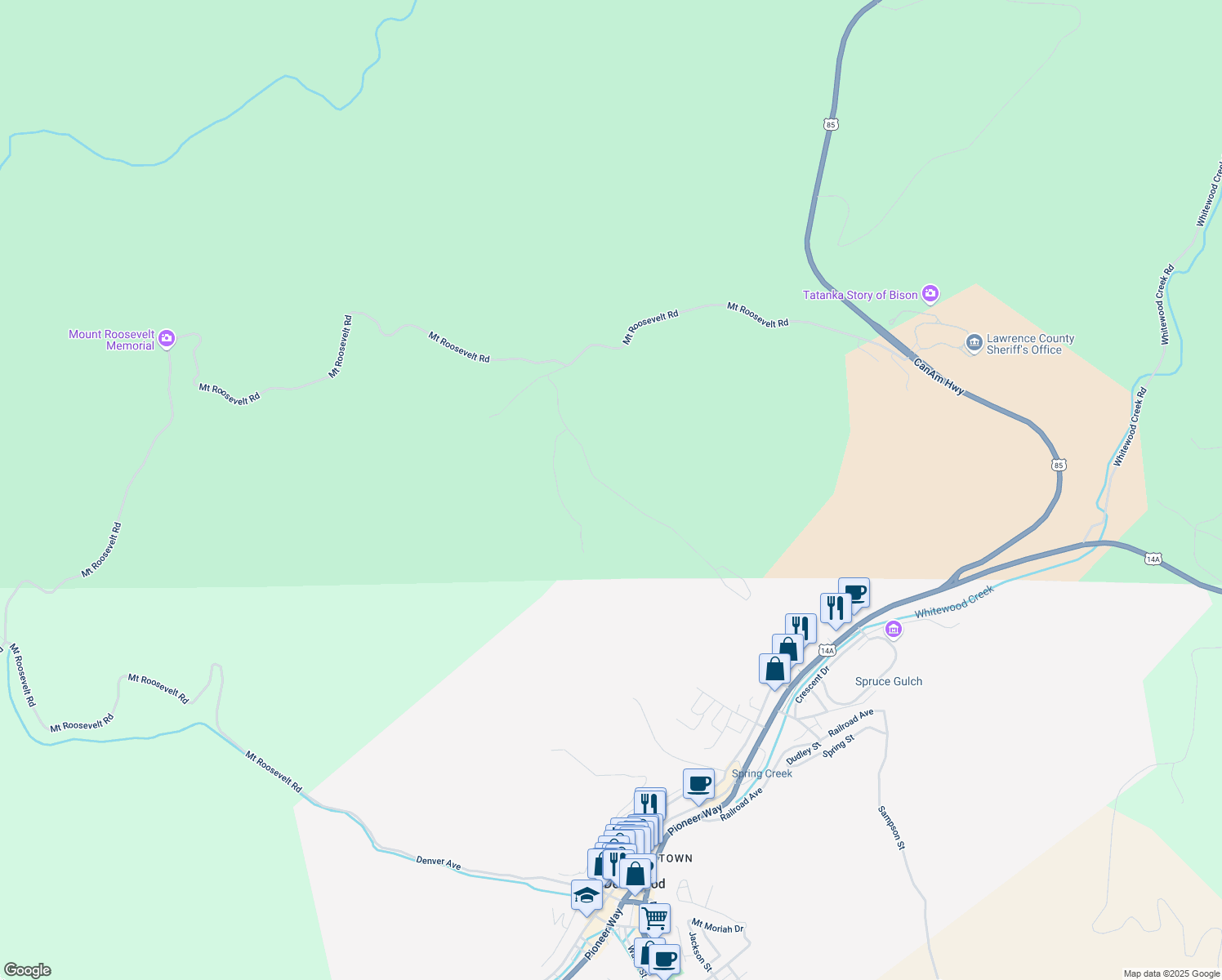 map of restaurants, bars, coffee shops, grocery stores, and more near Stage Run Road in Deadwood