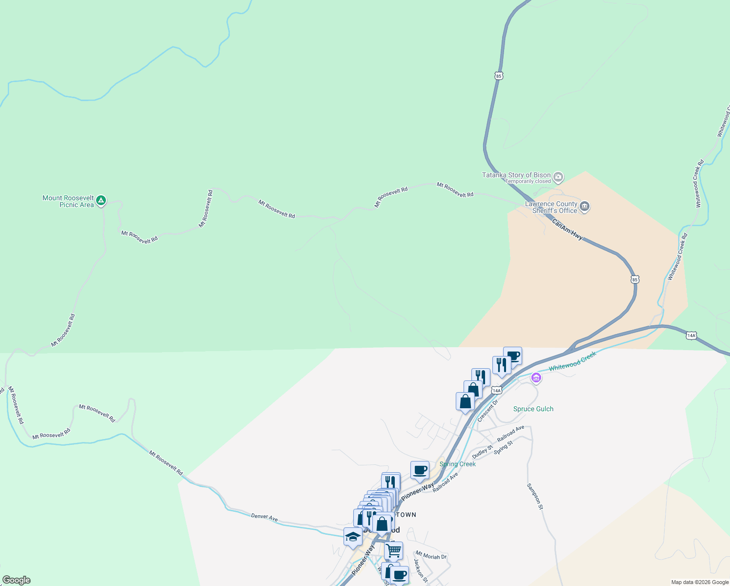 map of restaurants, bars, coffee shops, grocery stores, and more near Stage Run Road in Deadwood