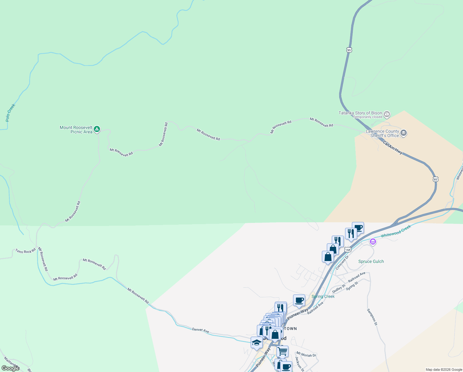 map of restaurants, bars, coffee shops, grocery stores, and more near 123 Mystery Wagon Road in Deadwood