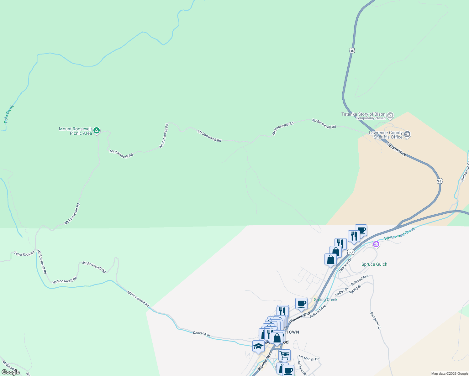 map of restaurants, bars, coffee shops, grocery stores, and more near 123 Mystery Wagon Road in Deadwood