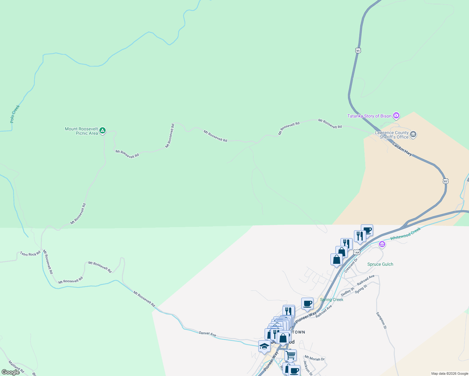 map of restaurants, bars, coffee shops, grocery stores, and more near 123 Mystery Wagon Road in Deadwood
