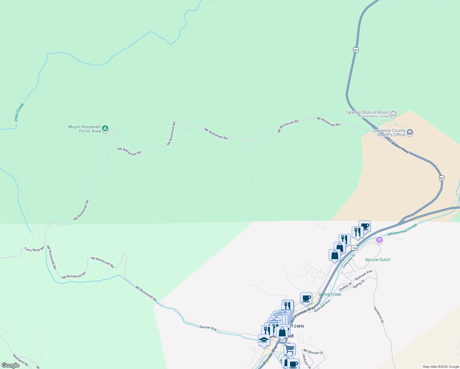 map of restaurants, bars, coffee shops, grocery stores, and more near 11565 Moon Mountain Lane in Lead