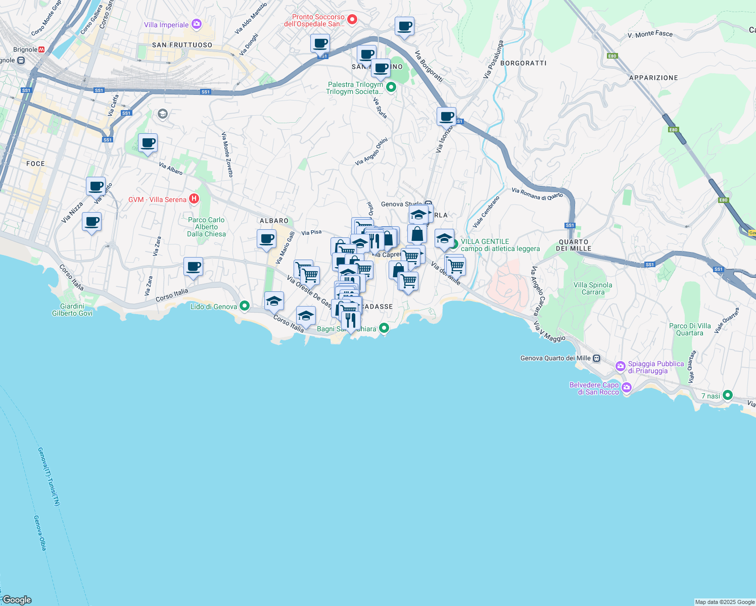 map of restaurants, bars, coffee shops, grocery stores, and more near 12 Via Al Capo di Santa Chiara in Genoa