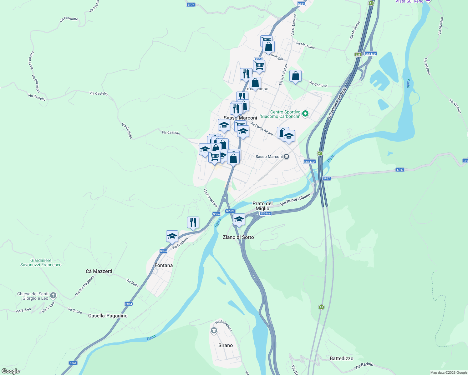 map of restaurants, bars, coffee shops, grocery stores, and more near 6 Via Carlo e Ada Bettini in Sasso Marconi