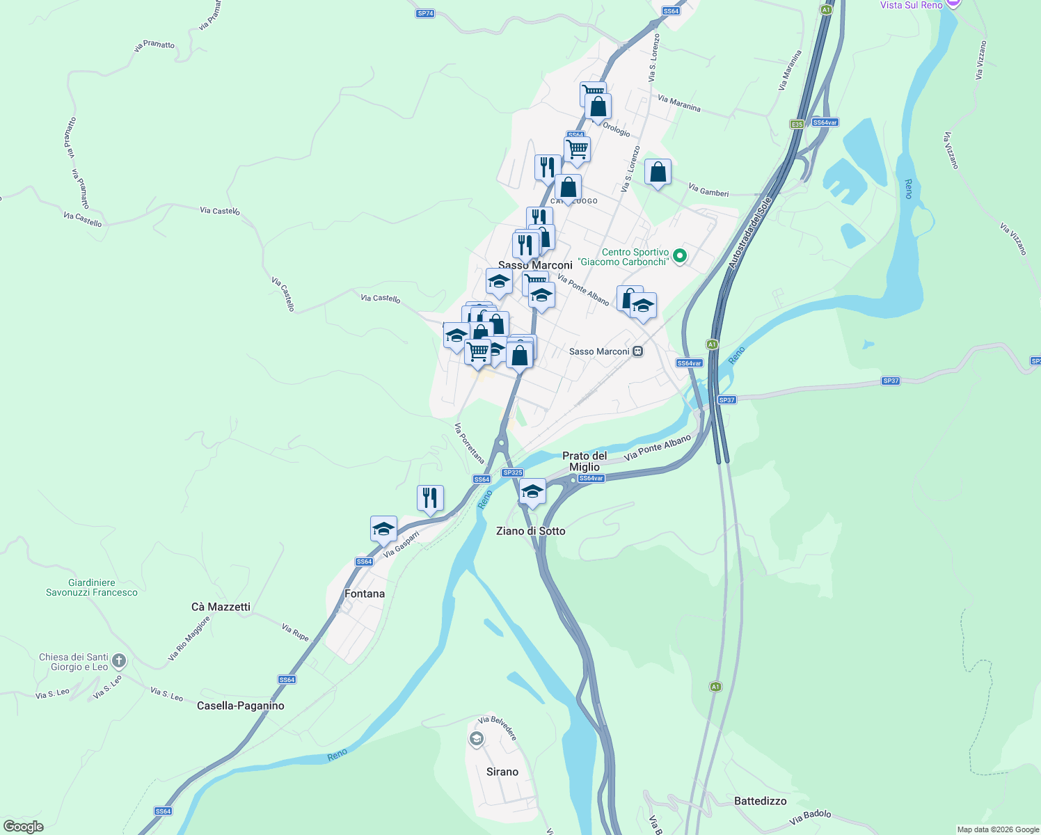 map of restaurants, bars, coffee shops, grocery stores, and more near Via Aldo e Carlo Bettini in Sasso Marconi