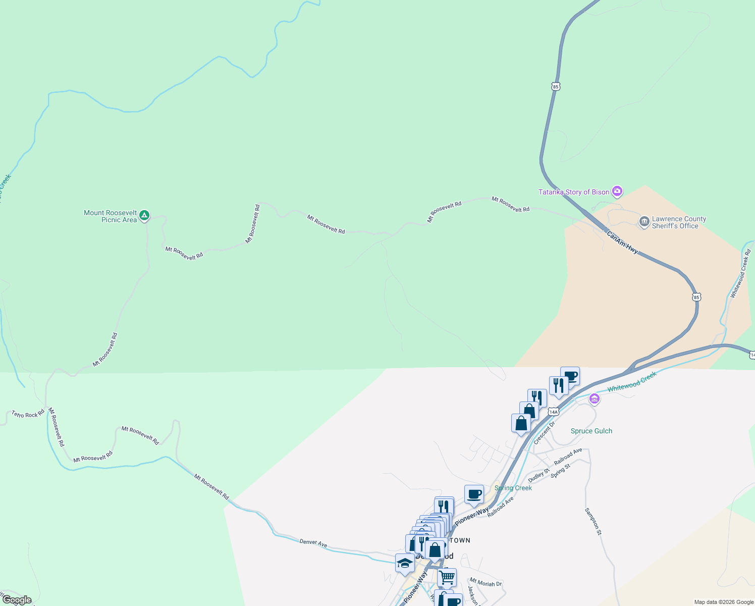 map of restaurants, bars, coffee shops, grocery stores, and more near 739 Stage Run in Deadwood