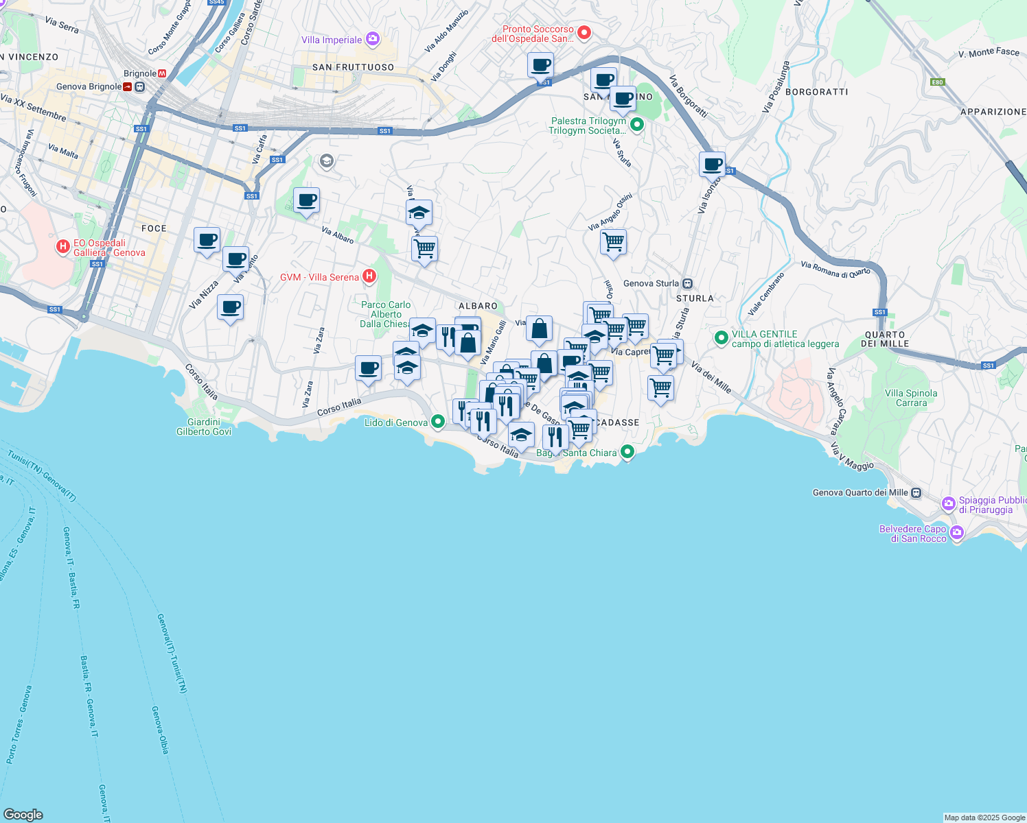 map of restaurants, bars, coffee shops, grocery stores, and more near Via Giacomo Medici del Vascello in Genova