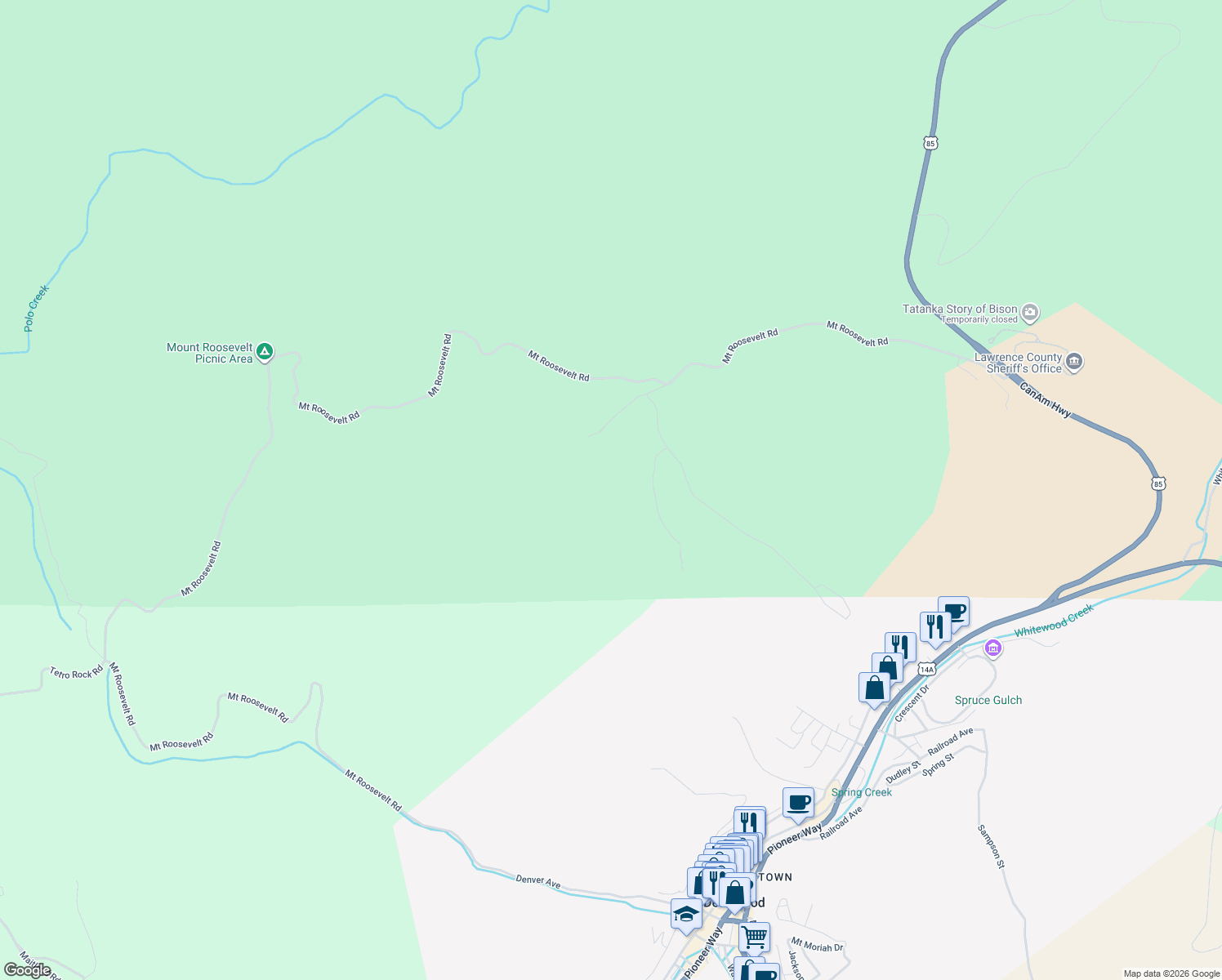 map of restaurants, bars, coffee shops, grocery stores, and more near 11565 Moon Mountain Lane in Lead