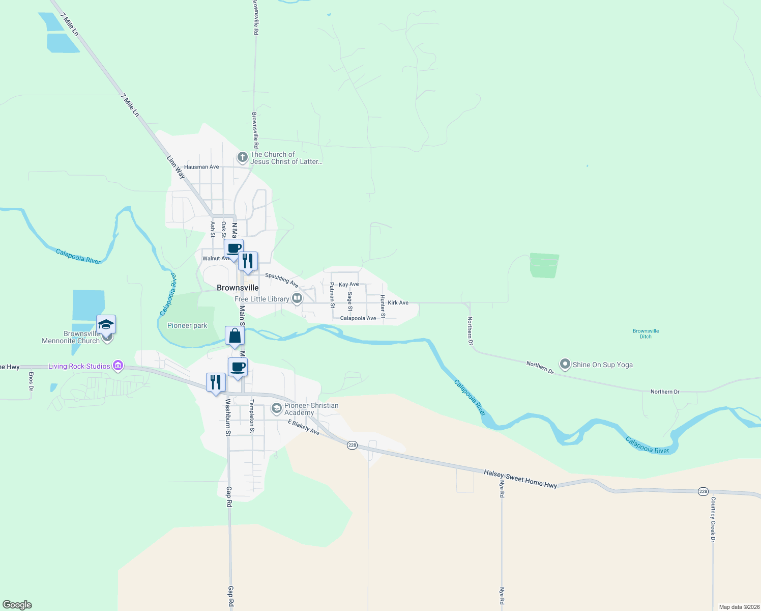 map of restaurants, bars, coffee shops, grocery stores, and more near 728 Kirk Avenue in Brownsville