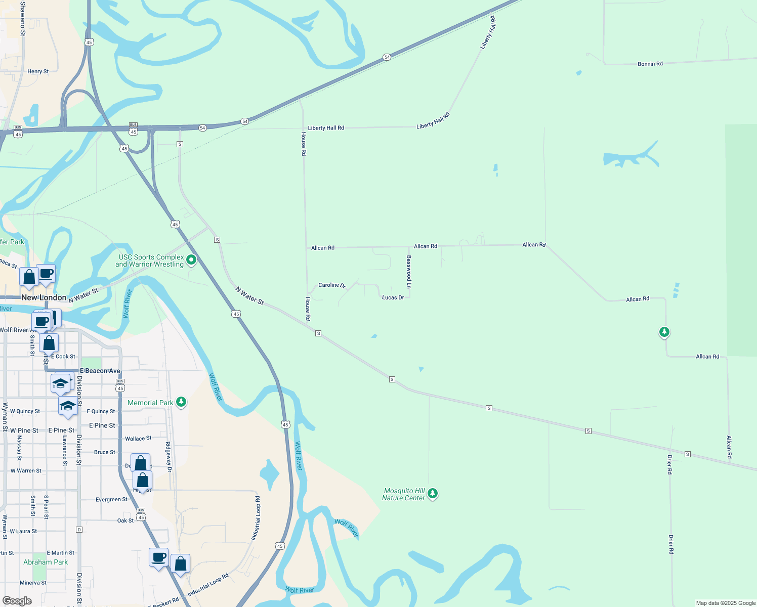 map of restaurants, bars, coffee shops, grocery stores, and more near 1814 Lucas Dr in New London