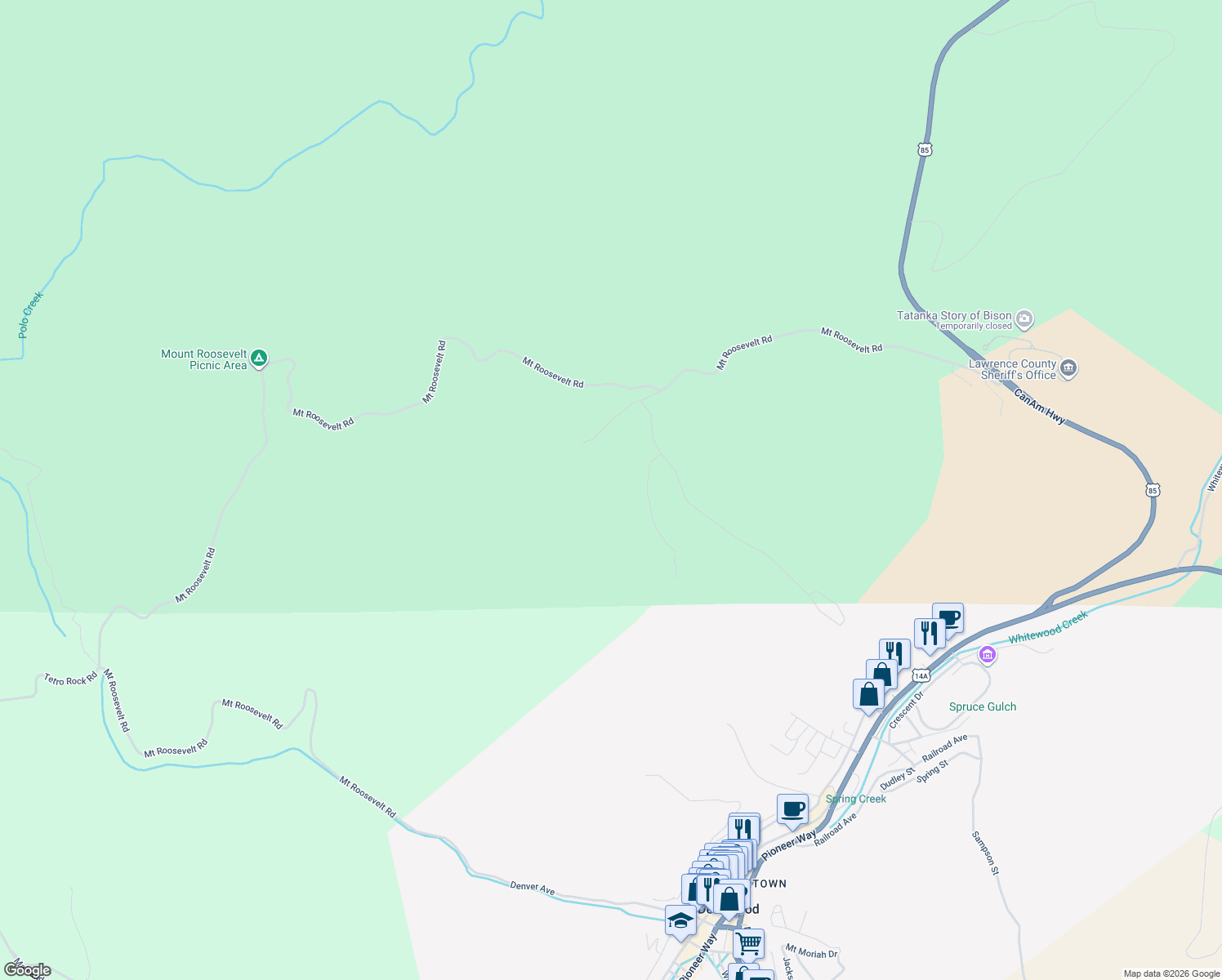 map of restaurants, bars, coffee shops, grocery stores, and more near 11565 Moon Mountain Lane in Lead