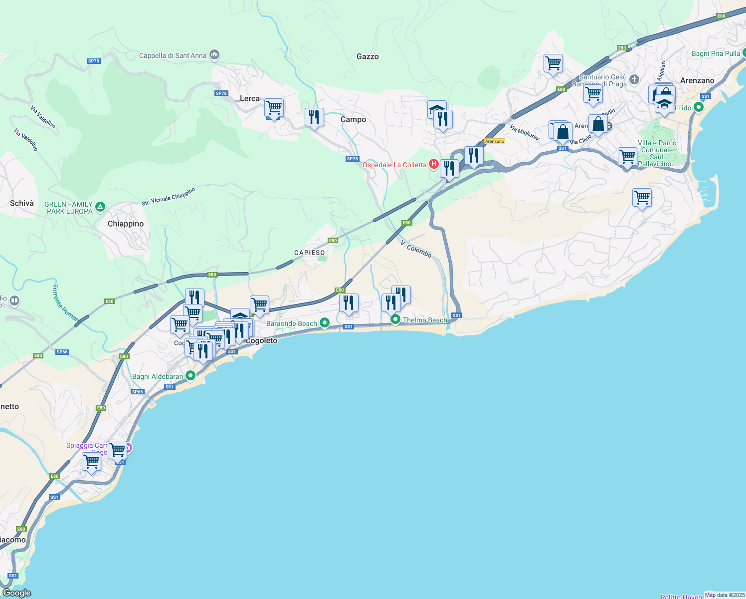 map of restaurants, bars, coffee shops, grocery stores, and more near 32 Via Enrico Fermi in Cogoleto