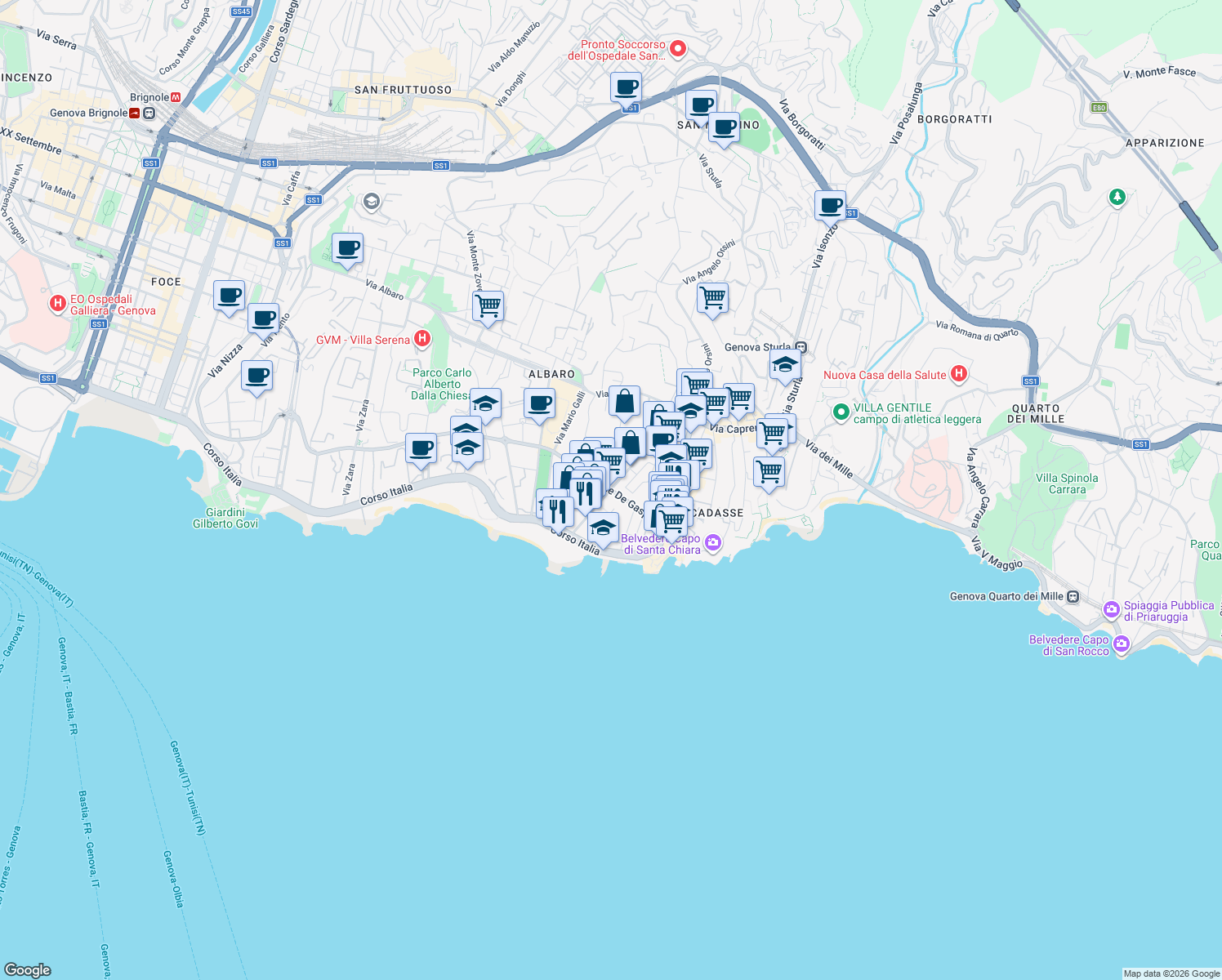 map of restaurants, bars, coffee shops, grocery stores, and more near 25 Via Oreste De Gaspari in Genova