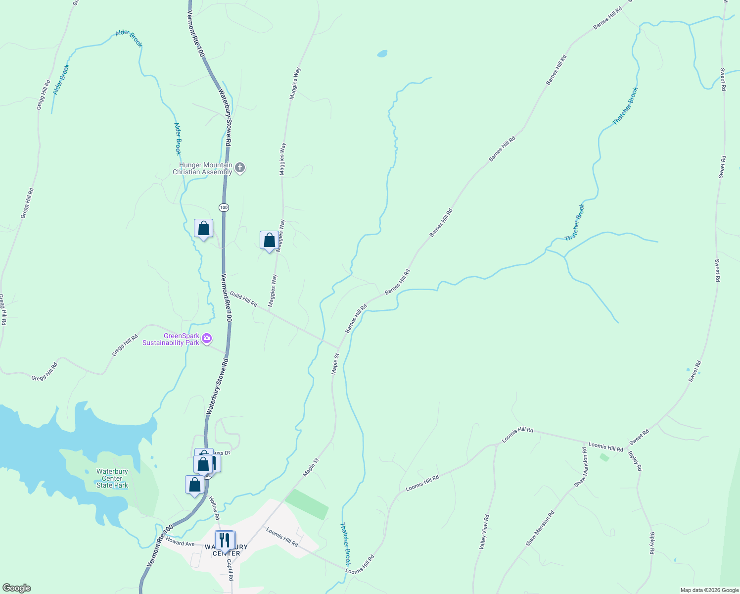 map of restaurants, bars, coffee shops, grocery stores, and more near 1357 Maple Street in Waterbury Center