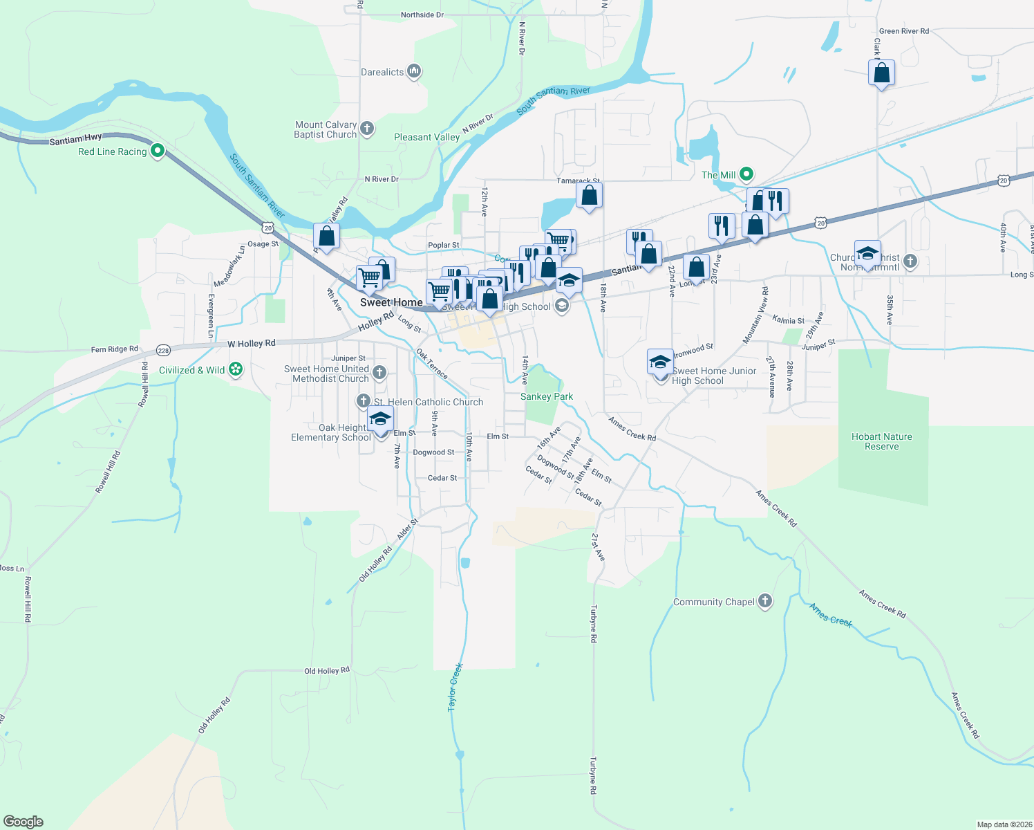 map of restaurants, bars, coffee shops, grocery stores, and more near 1345 Grape St in Sweet Home