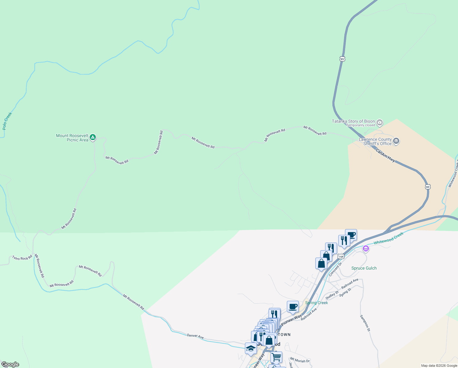 map of restaurants, bars, coffee shops, grocery stores, and more near 11565 Moon Mountain Lane in Lead