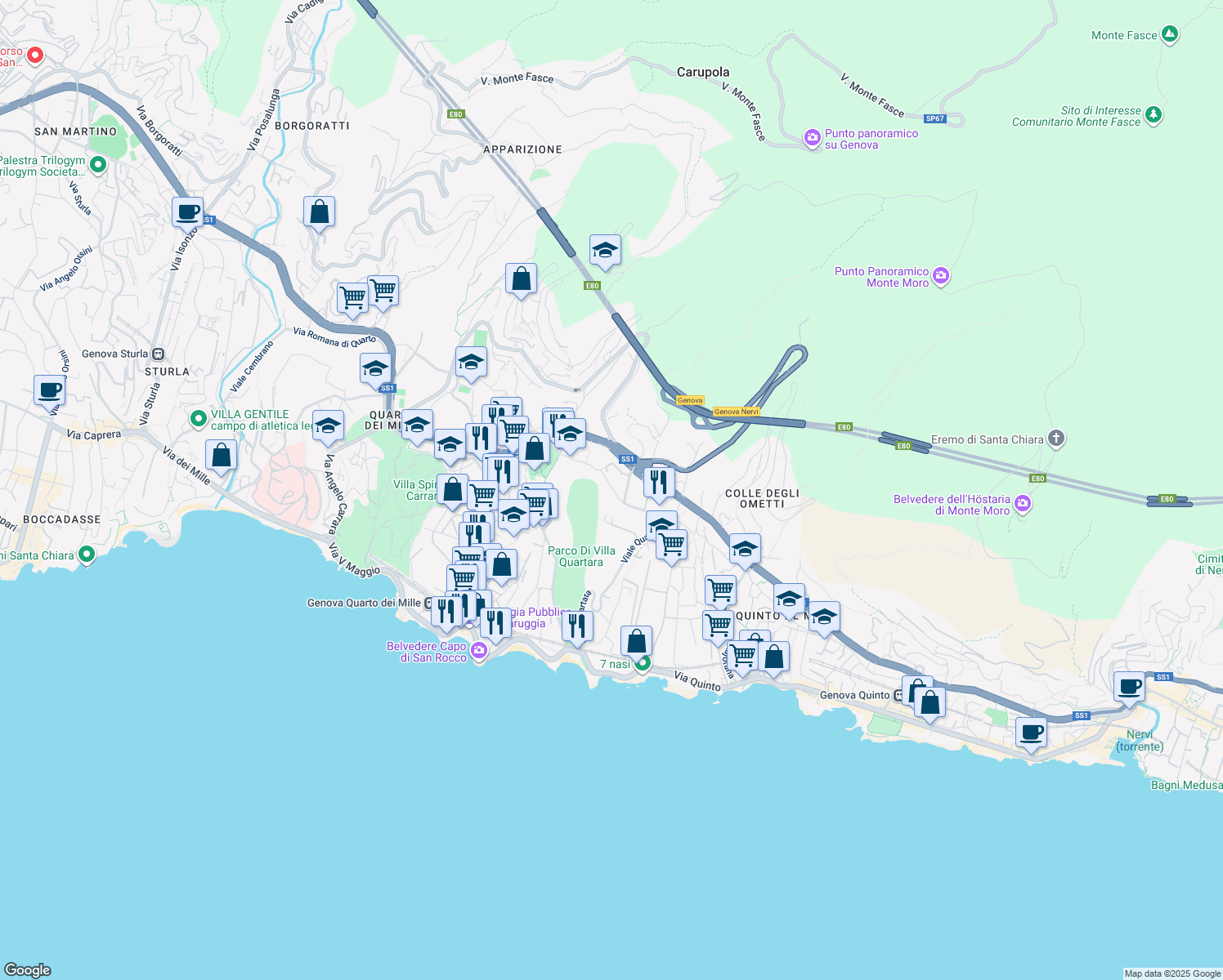 map of restaurants, bars, coffee shops, grocery stores, and more near 19 Via Romana della Castagna in Genova