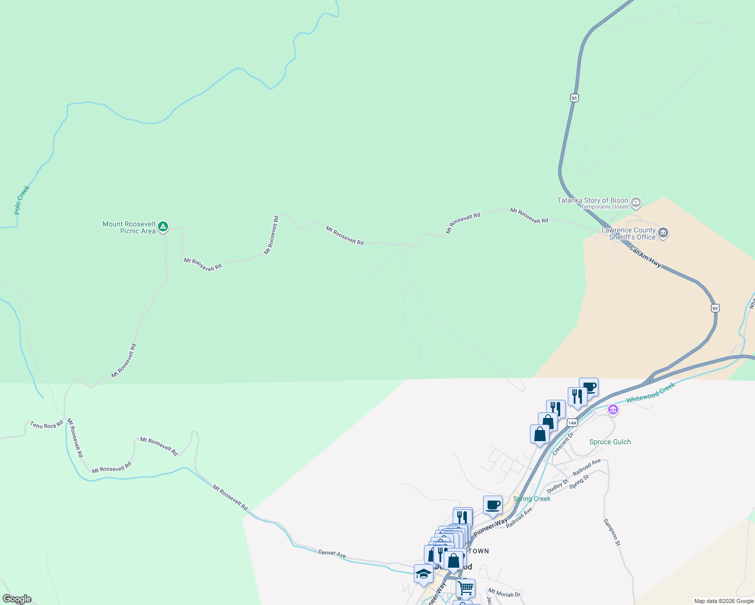 map of restaurants, bars, coffee shops, grocery stores, and more near 11565 Moon Mountain Lane in Lead