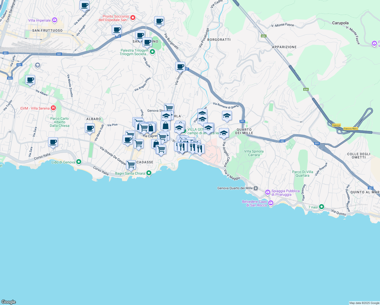 map of restaurants, bars, coffee shops, grocery stores, and more near 49 Via dei Mille in Genoa