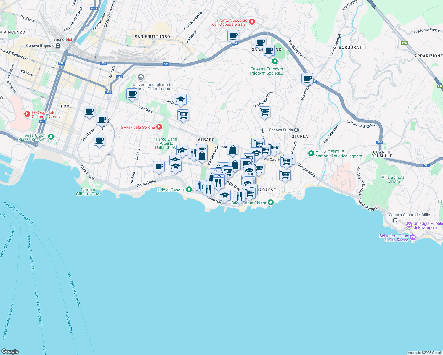 map of restaurants, bars, coffee shops, grocery stores, and more near Via Giacomo Medici del Vascello in Genova
