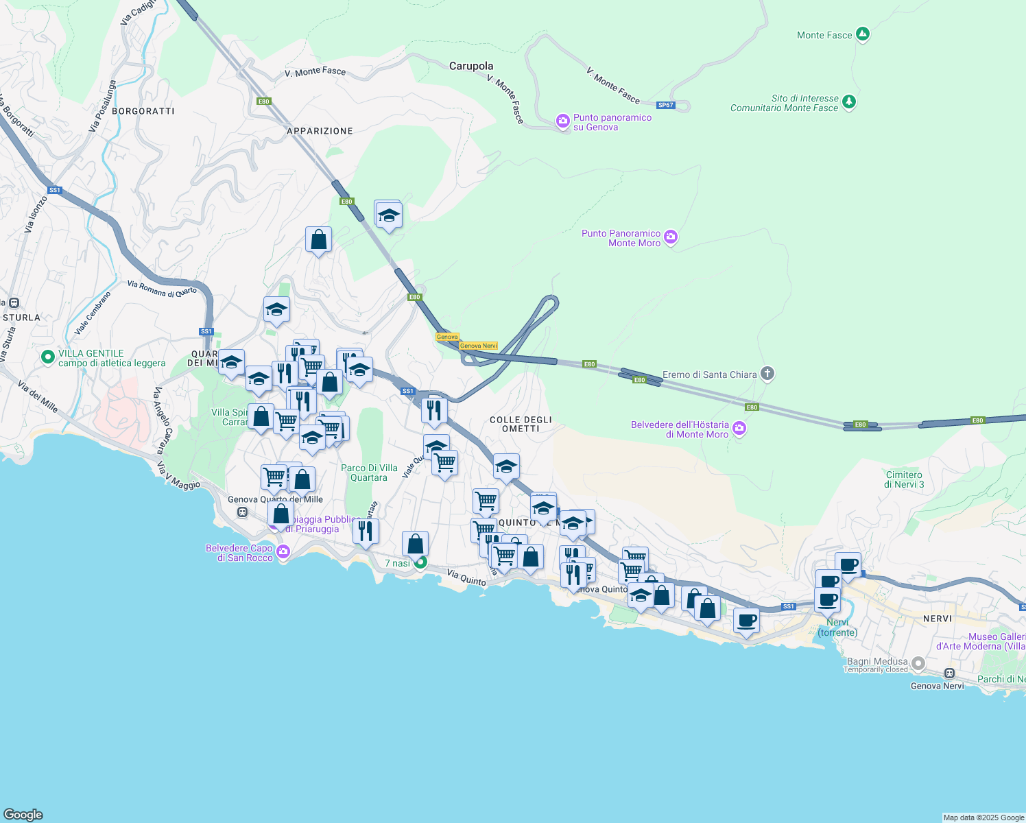 map of restaurants, bars, coffee shops, grocery stores, and more near 202 Via Alcide de Gasperi in Genoa