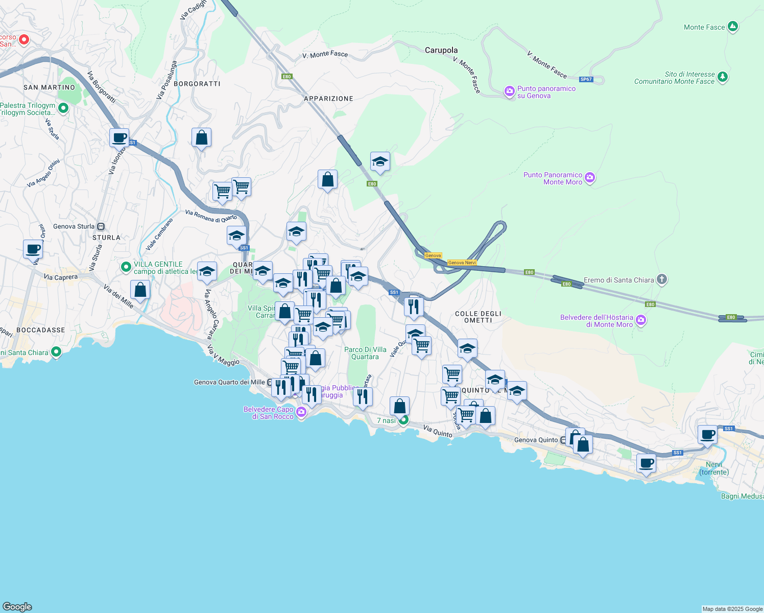 map of restaurants, bars, coffee shops, grocery stores, and more near 19 Via Romana della Castagna in Genova