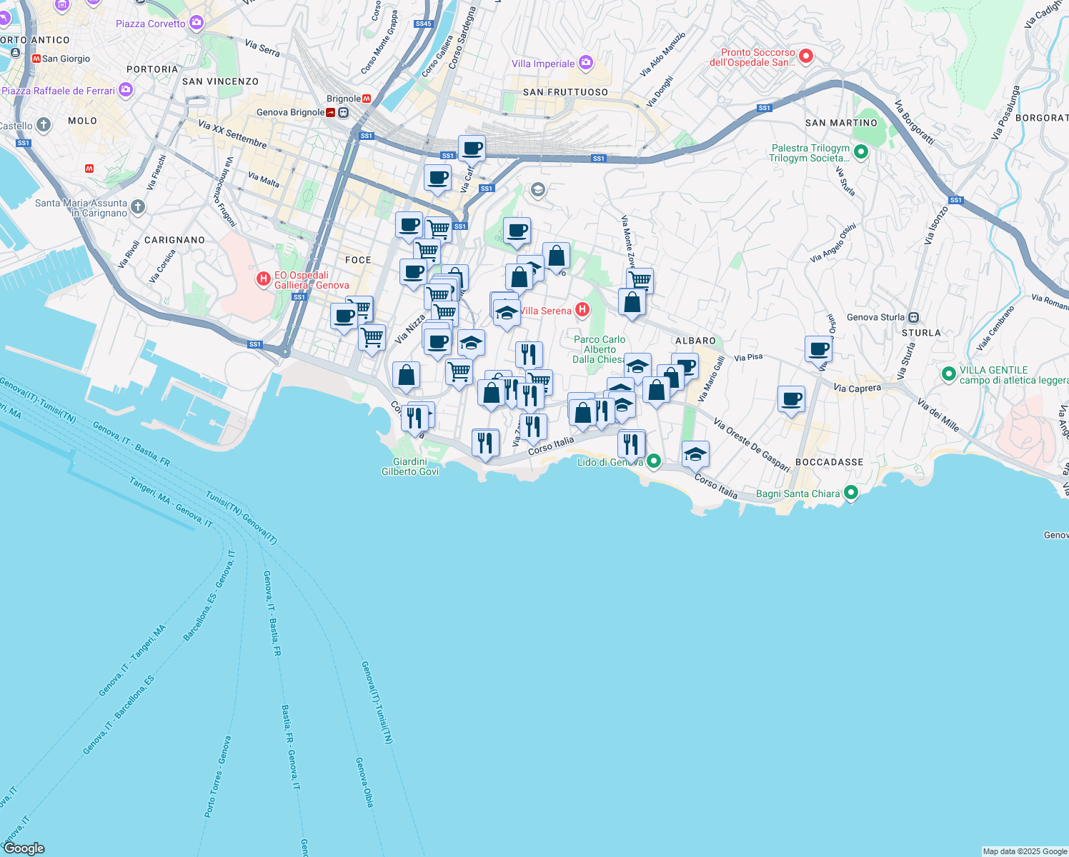 map of restaurants, bars, coffee shops, grocery stores, and more near in Genoa